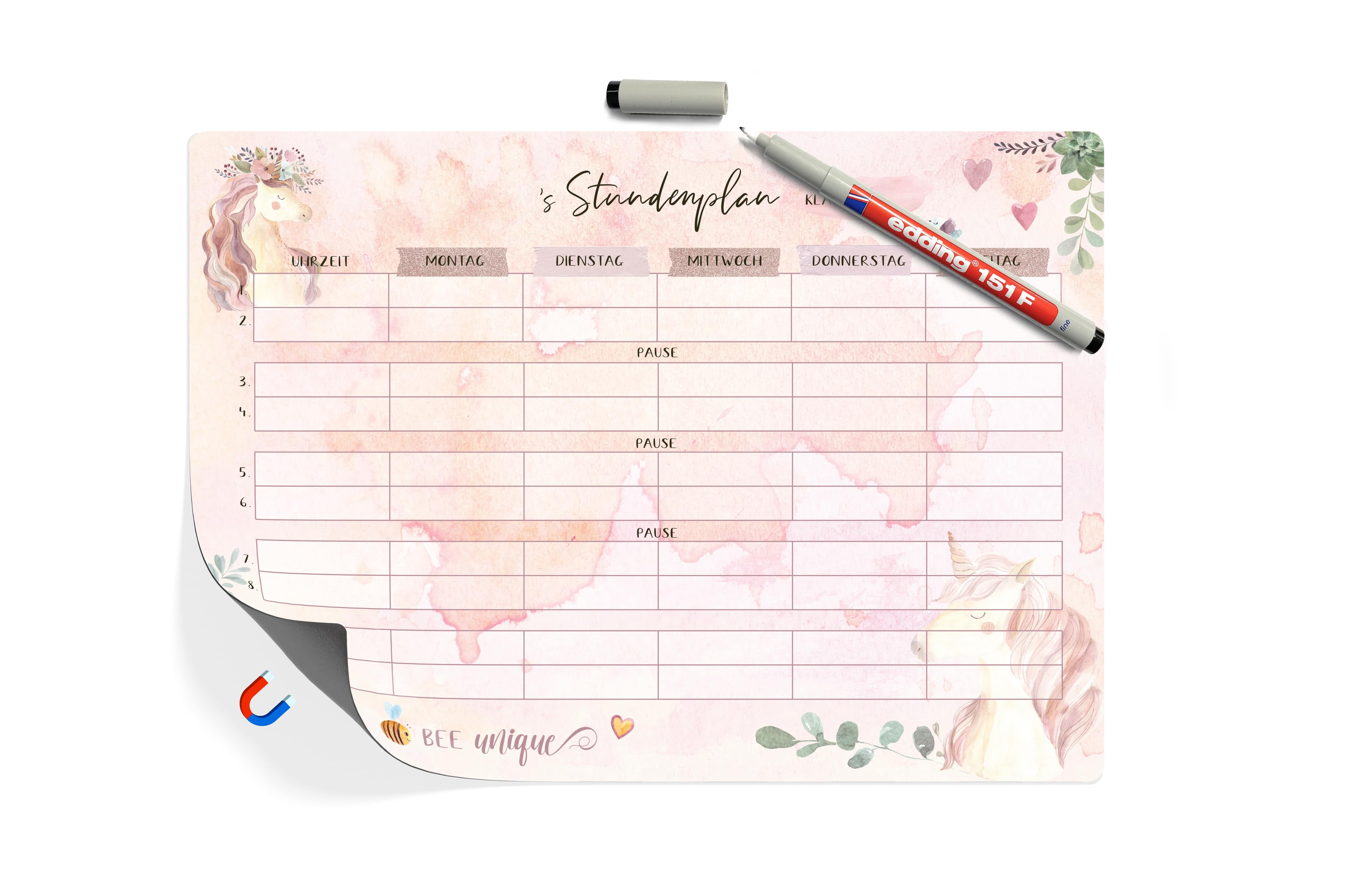 TOBJA Magnettafel Magnetischer Stundenplan A4 Einhorn +1 Stift wiederbeschreibbar, Mädchen Unicorn Schule Stundenplan Grundschule