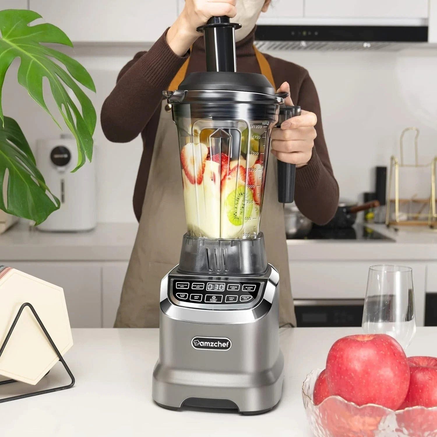 AMZCHEF Standmixer ZM5003, 2000 W, LED-Display mit Zeitanzeige, Pulsfunktion, 4 Automatikprogramme