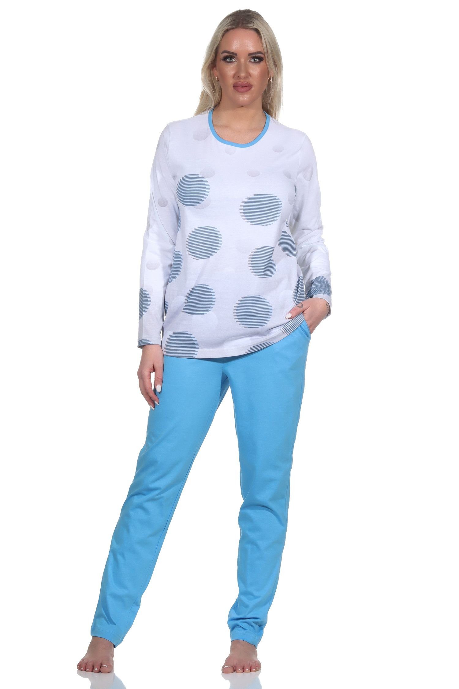 Normann Pyjama Damen langarm Schlafanzug in Tupfen-Punkte Optik - auch in Übergrösse blau