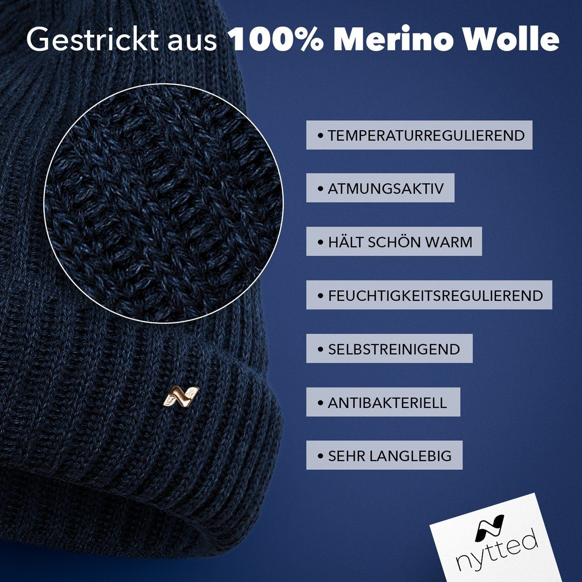 NYTTED® für 100% - dunkelblau Damen - Germany Merino-Wolle Strickmütze Wintermütze in - Made & Herren