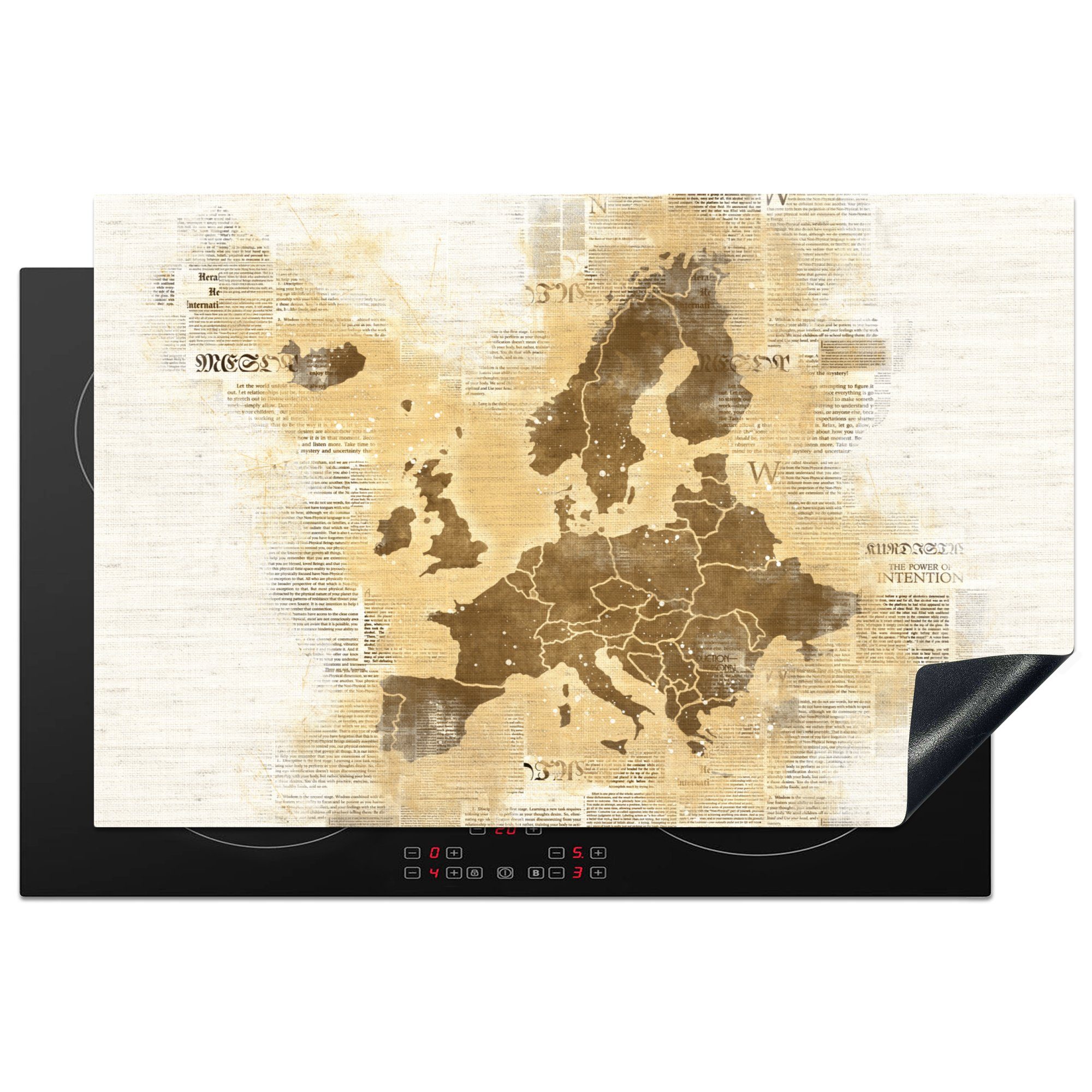 Europa für cm, Vinyl, - (1 - 81x52 Braun die MuchoWow Herdblende-/Abdeckplatte von Zeitung, küche, Karte Induktionskochfeld Ceranfeldabdeckung Schutz tlg),