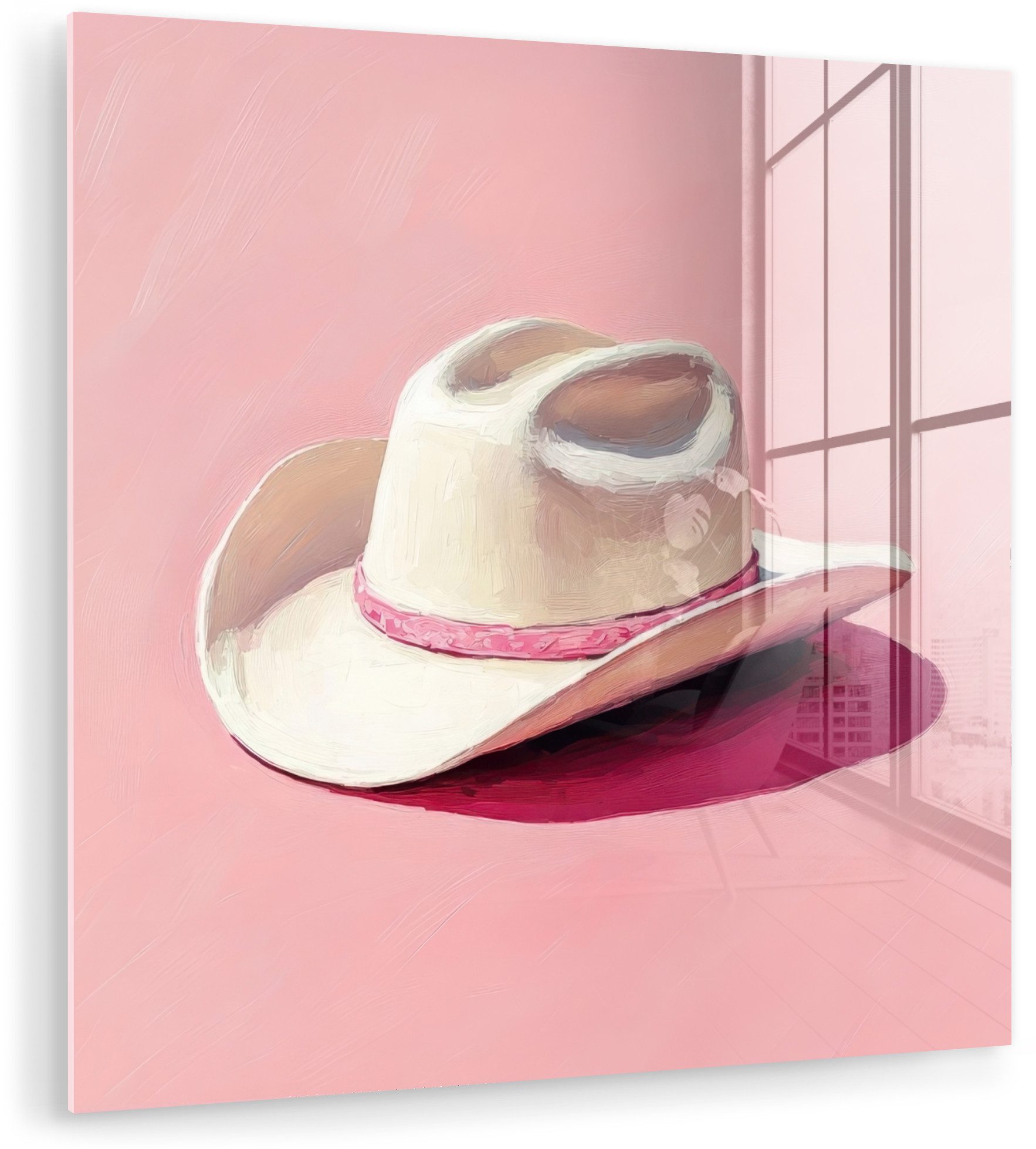 MuchoWow Acrylglasbild Summers - Hut - Rosa, Inkl. Aufhängung, Foto auf Glas, Wanddekoration, Deko Wohnzimmer, 40x40 cm