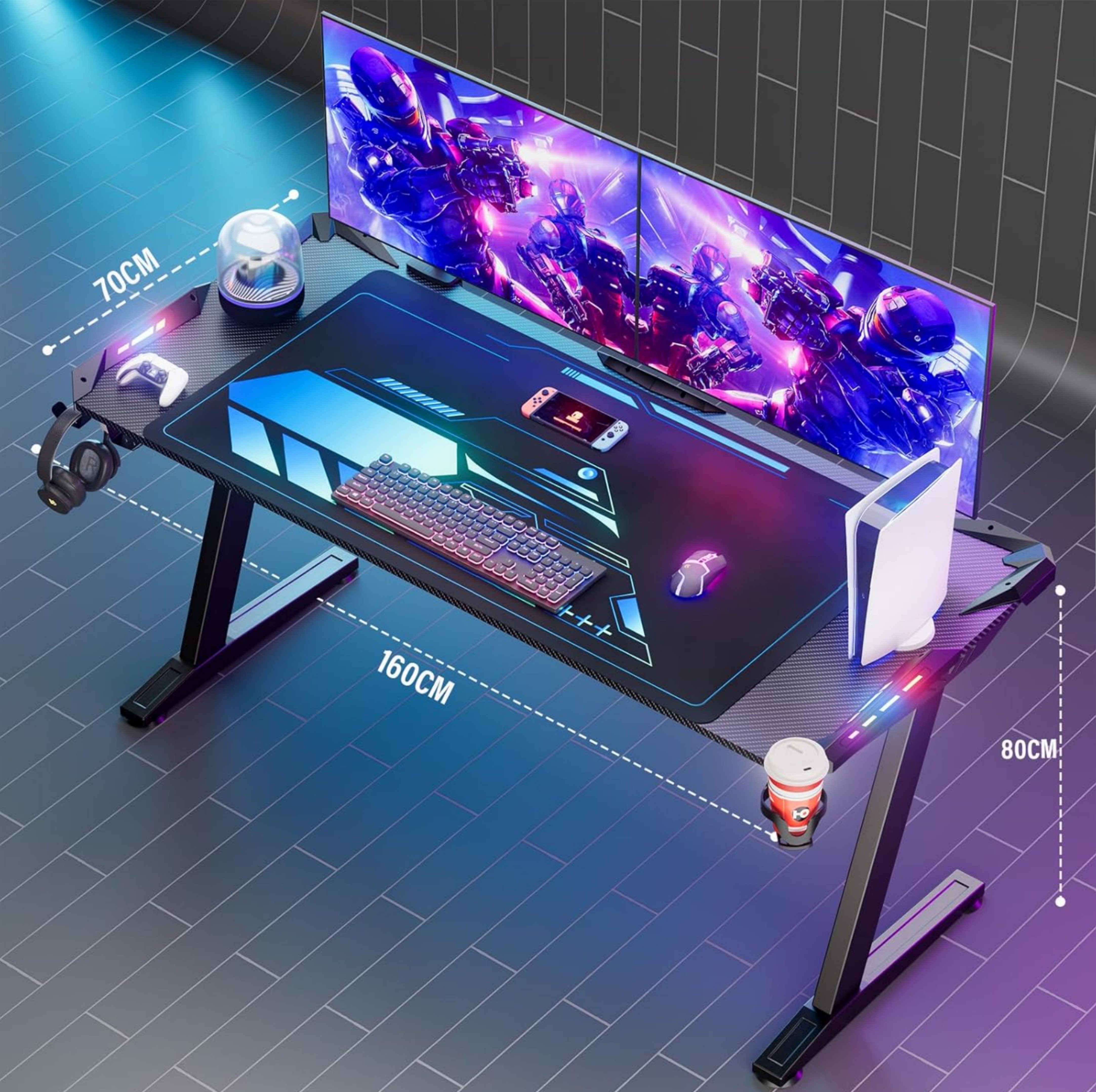 LUCKZON Gamingtisch mit LED-Beleuchtung, Kohlefaseroberfläche, Kabelmanagem günstig online kaufen
