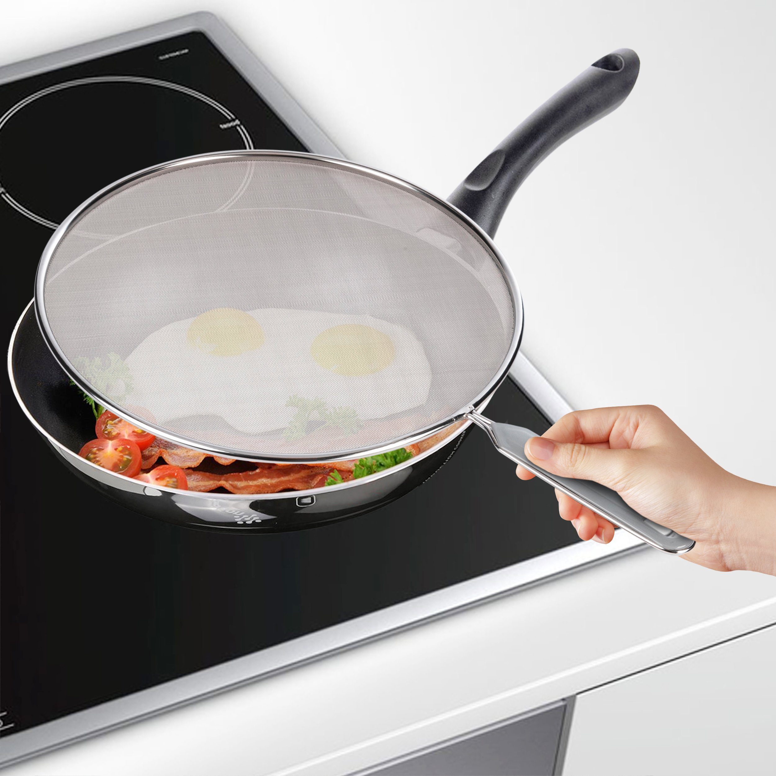 ONVAYA Bratpfanne Pfannenspritzschutz, 3-tlg. Set, ∅ 20 - 29 cm, rostfreier Edelstahl, rostfreiem Edelstahl mit Kunststoffgriff (3-tlg) – Bild 5 von 5