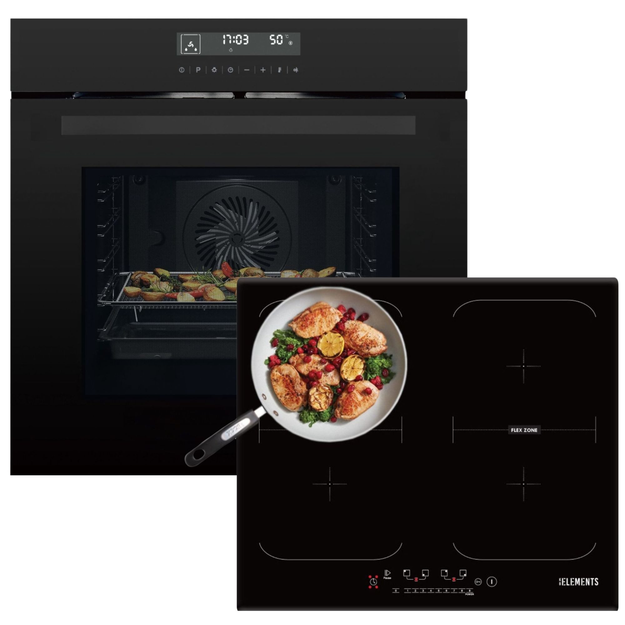 KB Elements Induktions Herd-Set Einbaubackofen 60 cm mit 4-Zonen Induktionskochfeld 60cm, mit 2-fach-Teleskopauszug, Einbaubackofen Full Touch mit 15 Funktionen, doppelte Flexzone