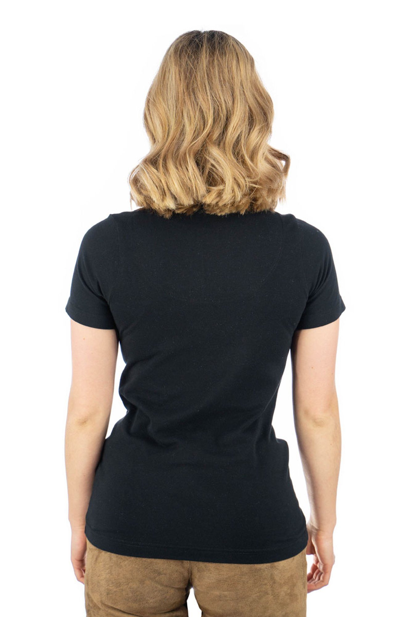 Kurzarm Uginoy T-Shirt der Trachtenshirt Brust schwarz auf mit OS-Trachten Strass-Hirsch