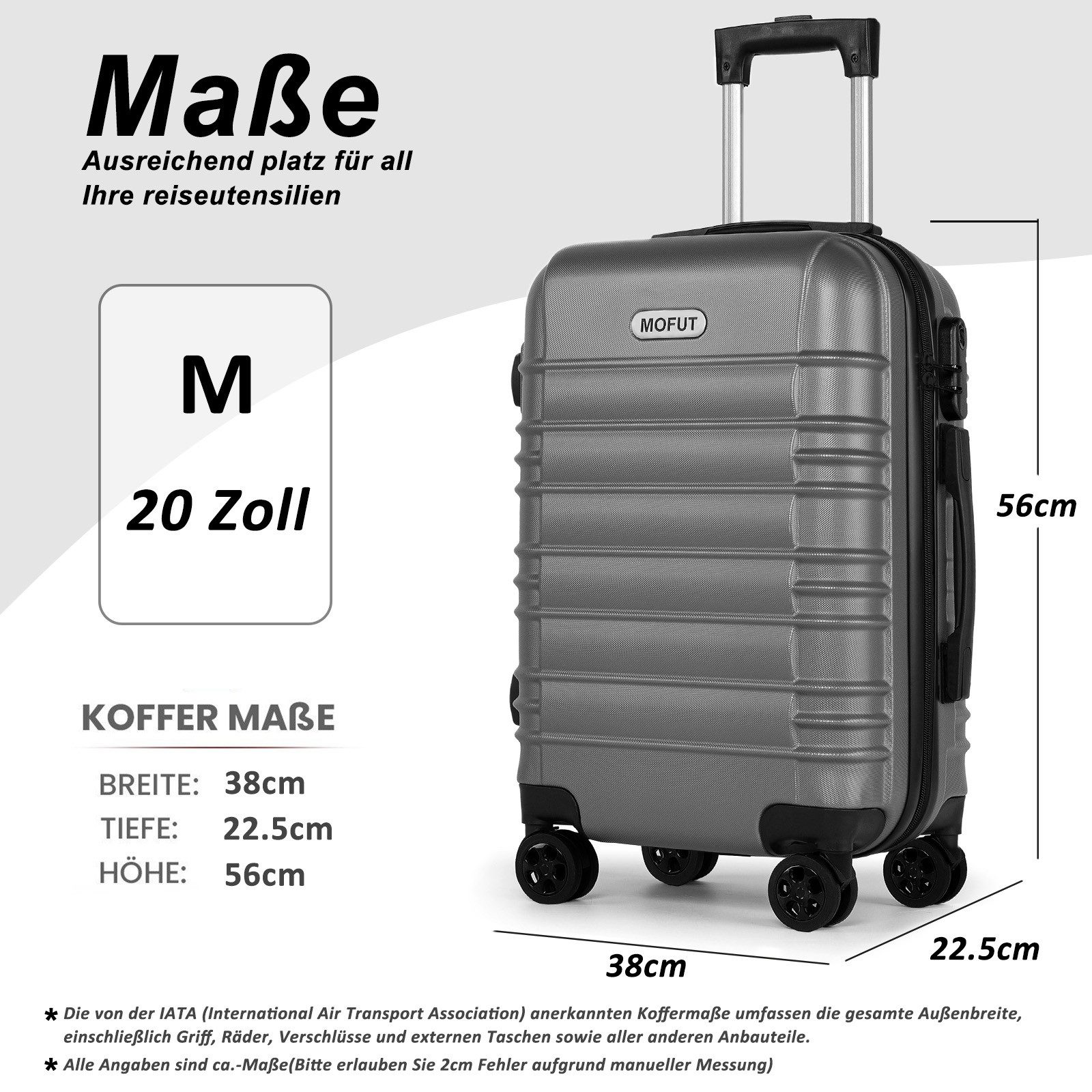 MoFut Koffer Zwillingsrollen Reisekoffer Koffer Trolleys Hartschale (M/L/XL), 4 Rollen, Trolley Handgepäck Große Kapazität mit 4 Rollen und Zahlenschloss