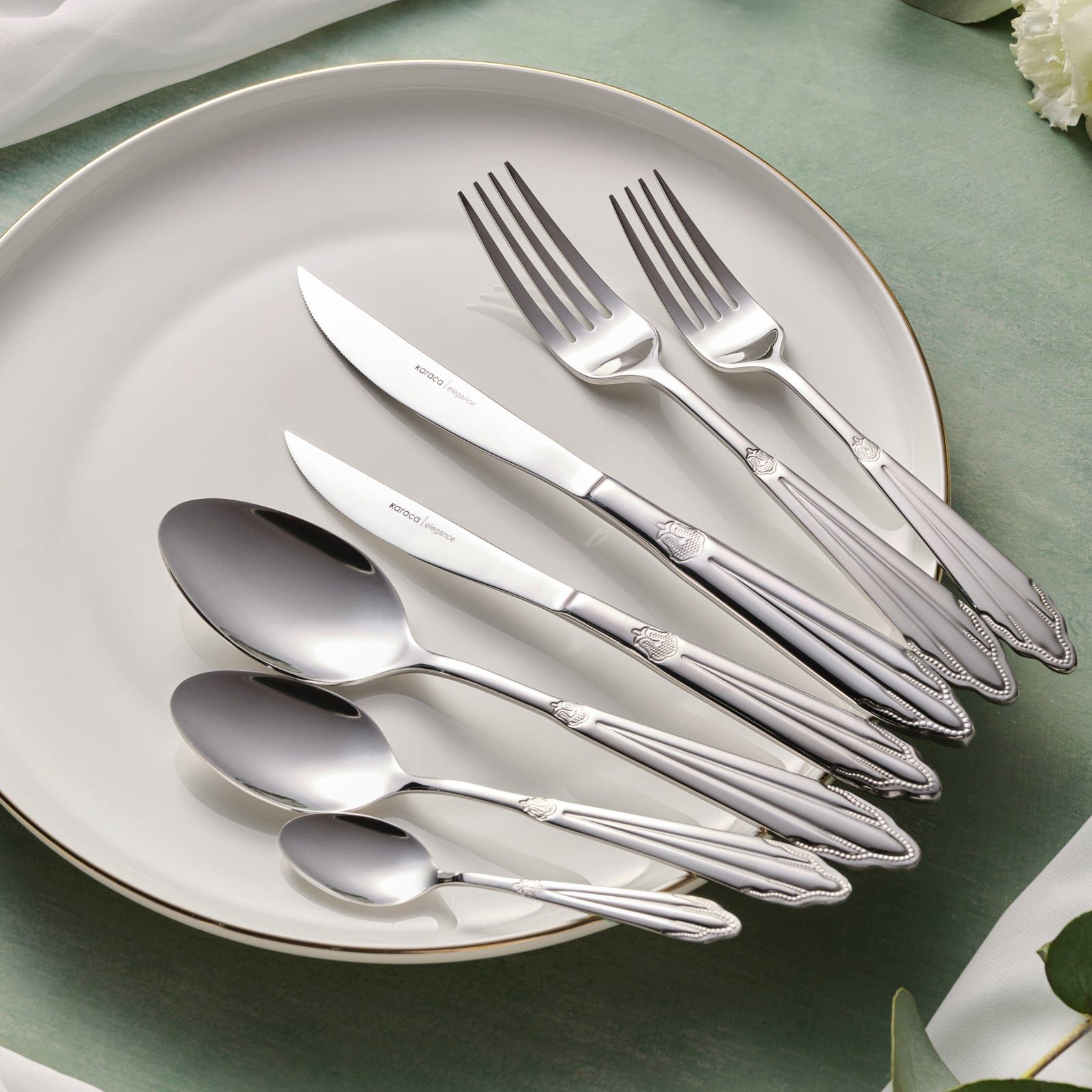 Karaca Besteck-Set Elegance Mantilla Silver 84-teiliges Besteckset für 12 Personen, 12 Personen, Spülmaschinengeeignet