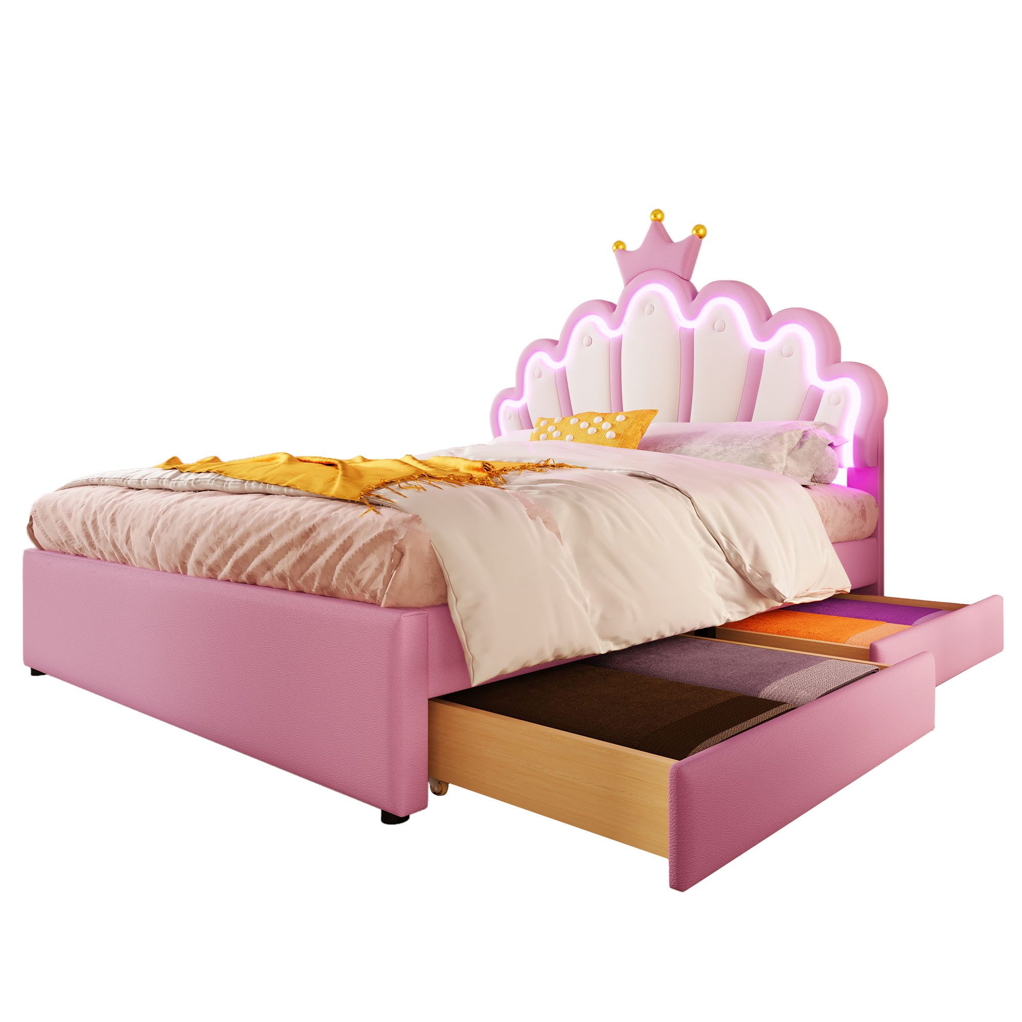 SOFTWEARY Prinzessinbett mit LED-Beleuchtung und Stauraum (140x200 cm, mit 2 Schubladen), Mädchenbett, Polsterbett für Mädchen, Doppelbett, Kunstleder
