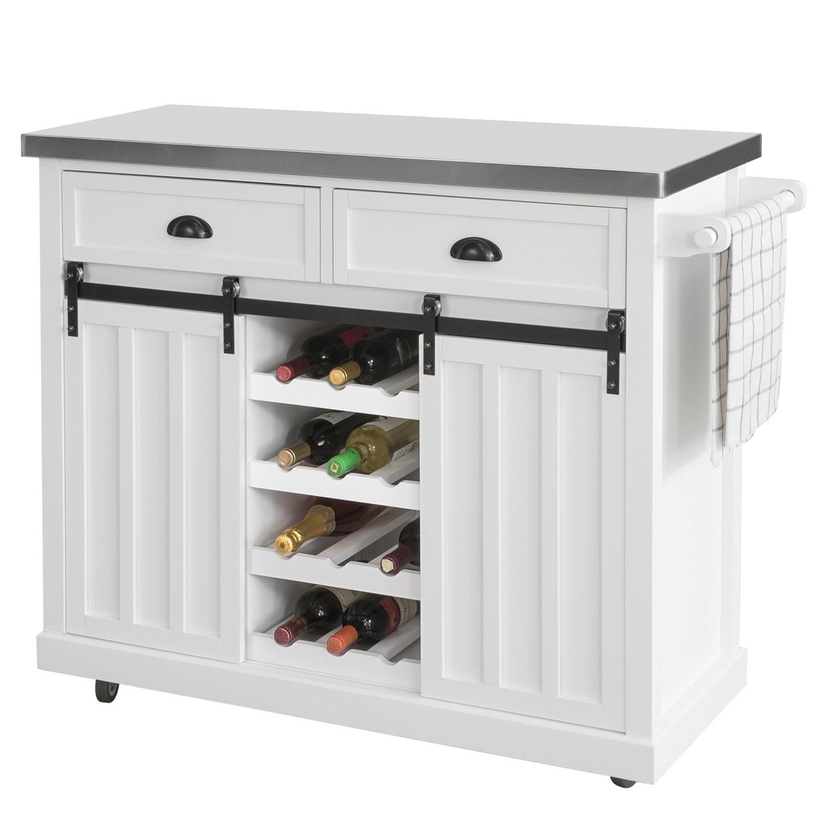 SoBuy Küchenwagen »FKW94«, mit Flaschenablage Küchenschrank mit 2  Schiebetüren und 2 Schubladen Kücheninsel mit Edelstahlplatte Sideboard  Weiß online kaufen | OTTO