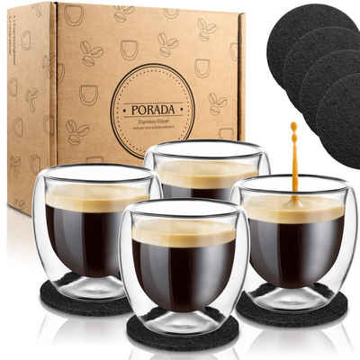 PORADA Espressoglas 4 doppelwandige Espressogläser Set 80ml 4 Untersetzer Dessertgläser, 4-teilig, Espresso Gläser-Set 80ml, doppelwandig, isolierend