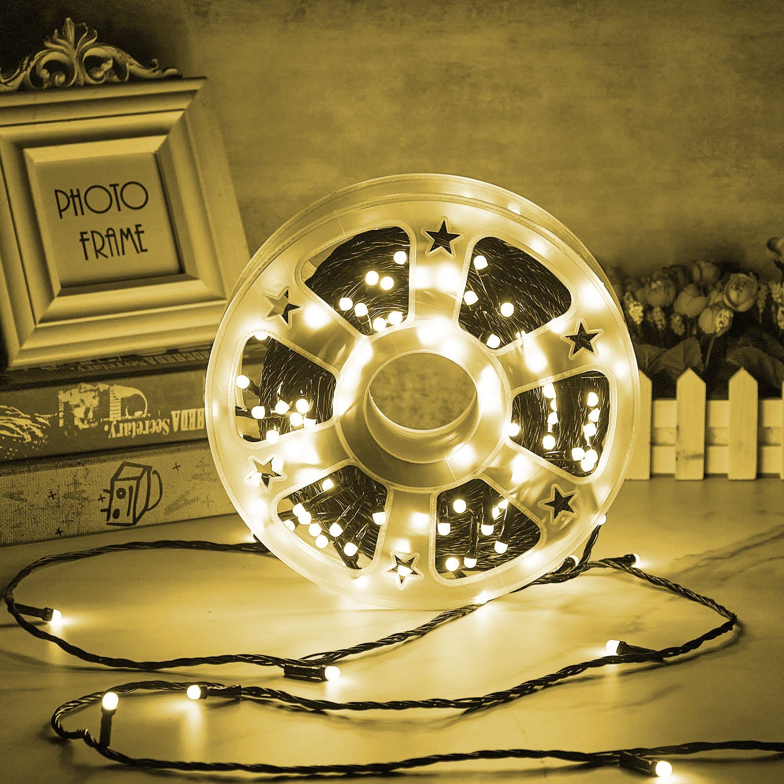 Rosnek LED-Lichterkette 50M, 240LEDs, 8 Modi, Speicherfunktion, für Weihnachtsbaum Garten Deko, wasserdicht, schwarzes Kabel, Spulenverpackung Warmweiß