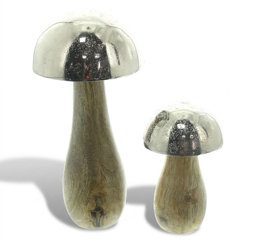 Home-trends24.de Dekofigur Pilz Mangoholz Pilze Herbst Deko Figur braun Silber 2er-Set (2 St)
