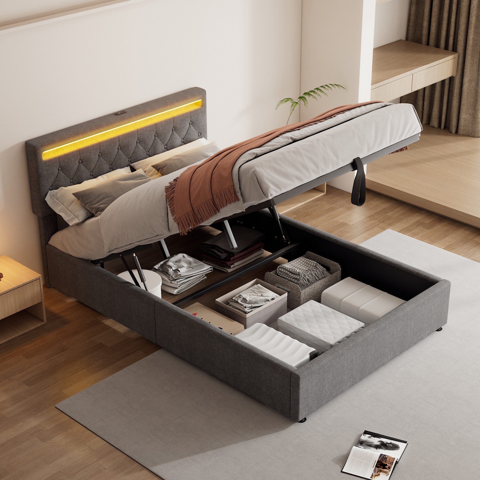 OKWISH Polsterbett Inkl. USB/Type-C-Steckdose & großem, integriertem Stauraum (mit Stauraum, LED-Ambientelicht, USB & Typ-C Anschluss, Gepolstertes Flachbett für individuellen Liegekomfort), verstellbares Bett 140x200 cm mit Umgebungslicht ohne Matratze