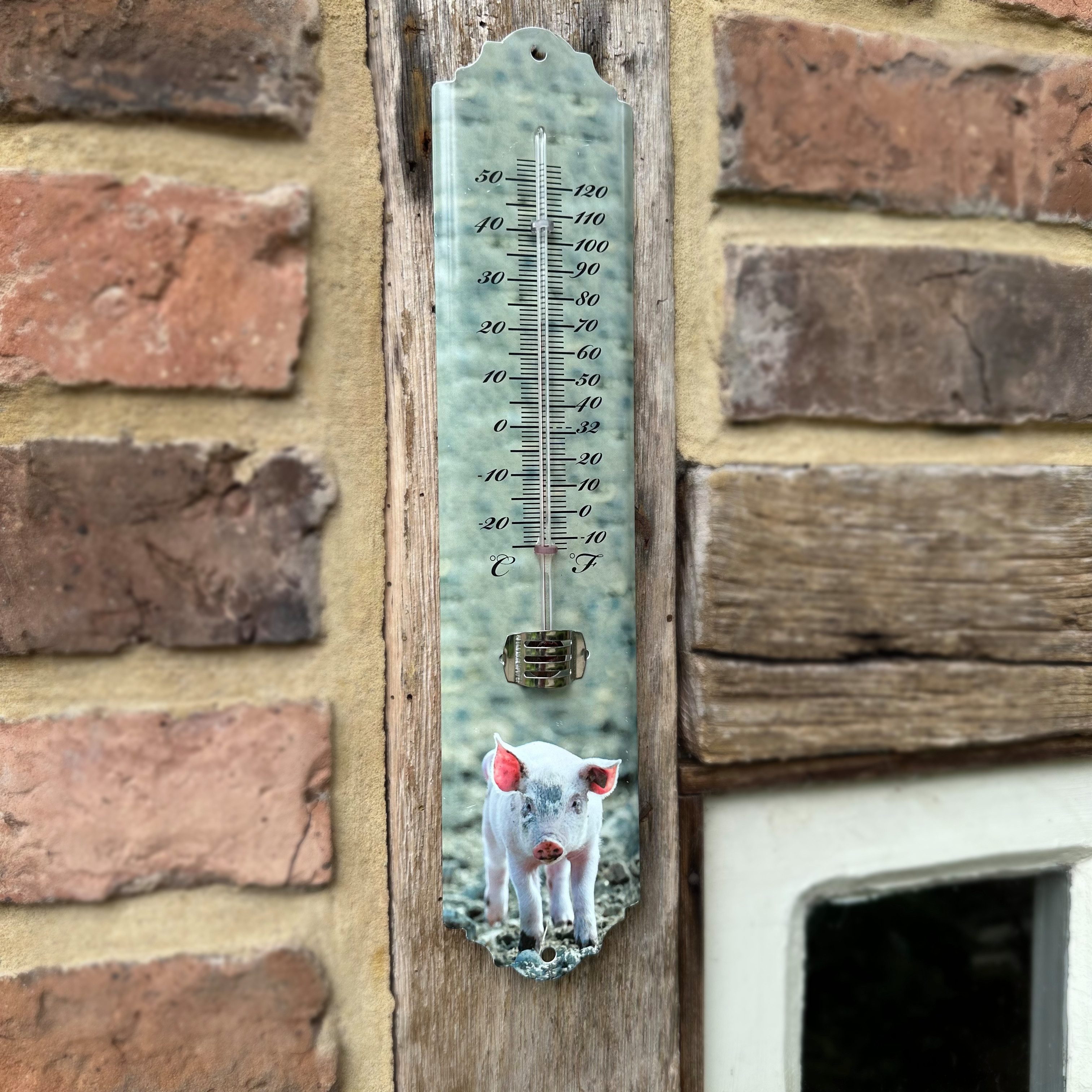 Antikas Windspiel Tierthermometer, aus Eisen, Hellgrün Lackiert, Ferkel Motiv