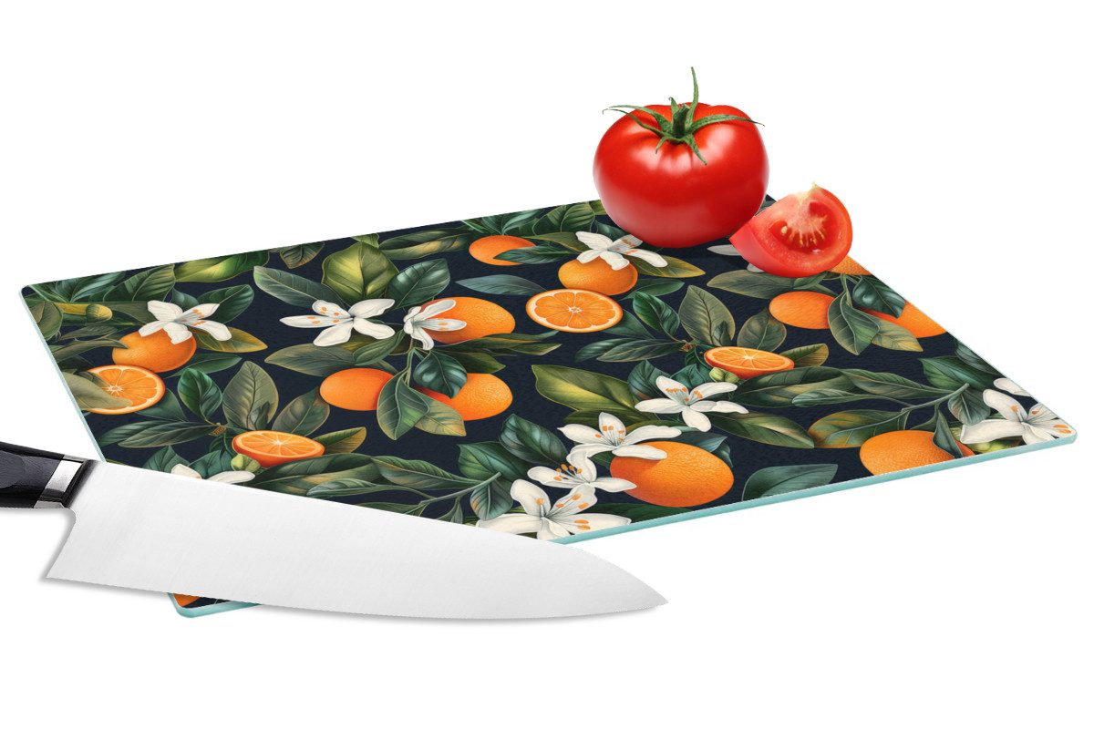 MuchoWow Schneidebrett Orangen - Blüten - Blätter - Tropisch, Glas, Schneidebrett Glas, Küchenbrett, Rutschfest, 28x20 cm