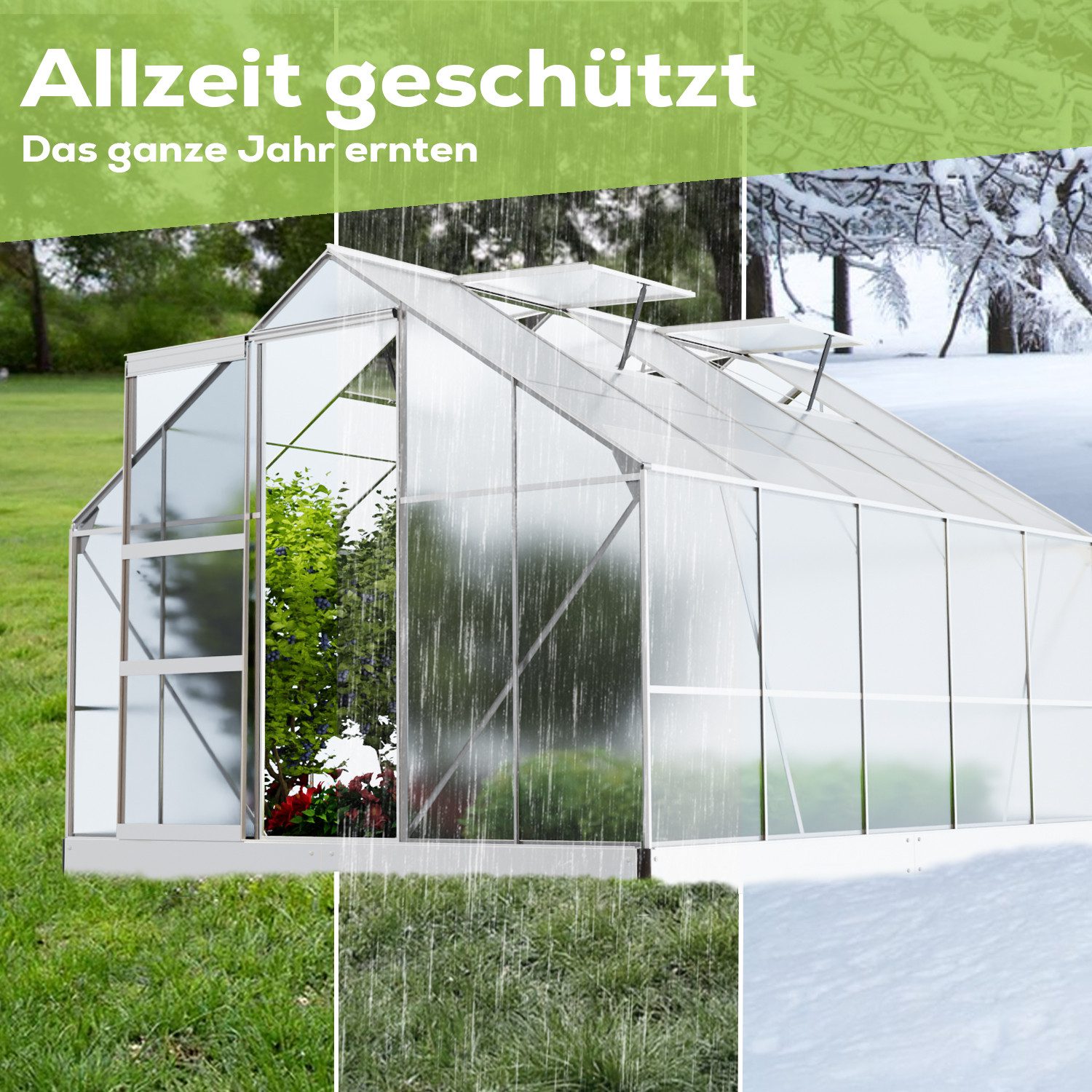 GARMIO Gewächshaus Gewächshaus ARONA aus Aluminium, 7,75m² 6mm Wand, Schiebetür, BxTxH: 250 x 310 x 205 cm, inkl. Fundament,wetterfest und stoßfest, inkl Regenrinne, mit vier (4) Dachfenstern für optimale Belüftung, winterfest, Dachfenster, für Selbstversorger