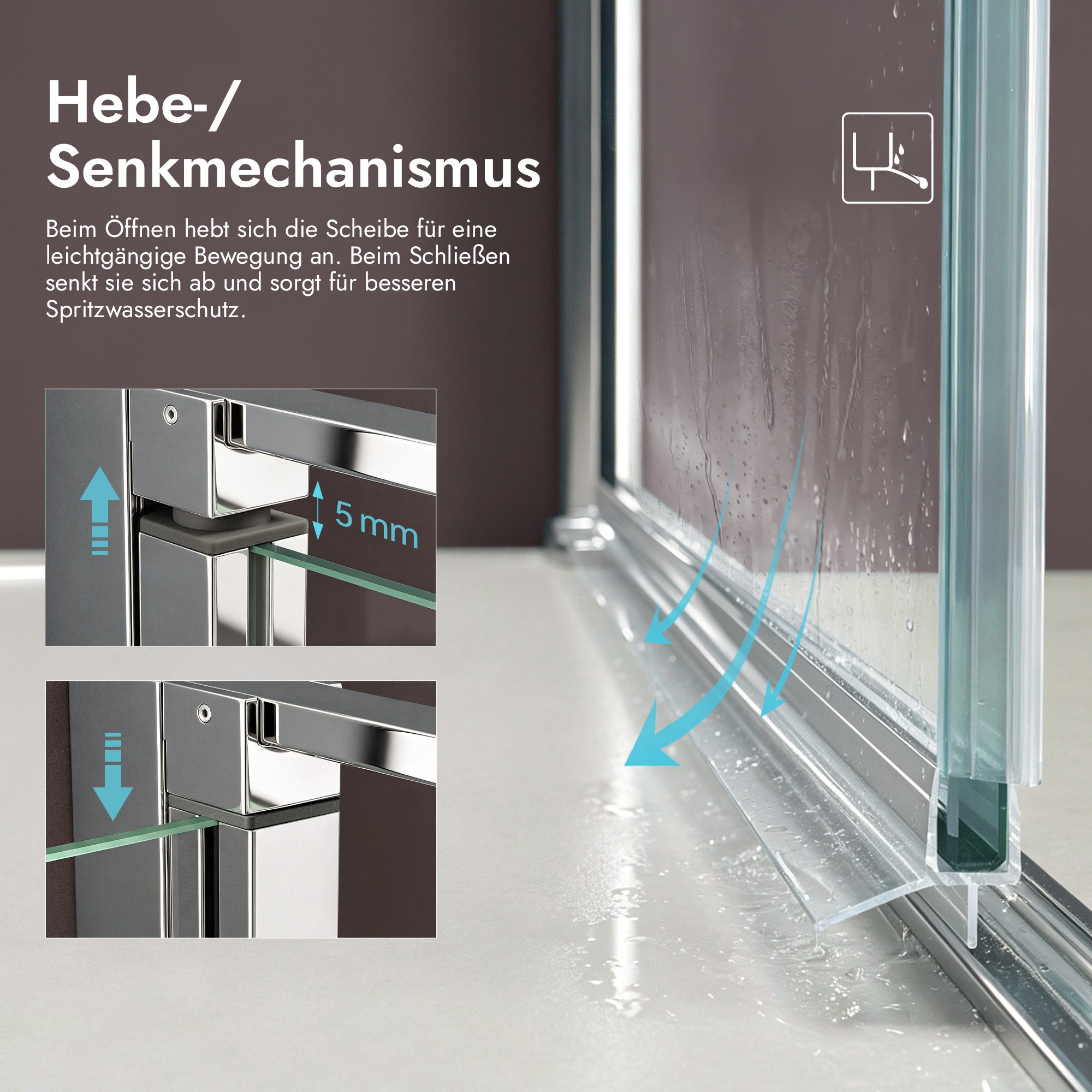 doporro Grossraumdusche Duschkabine 90x90cm U-Form 8mm ESG mit Nano-Beschichtung Rav36UK, BxT: 70x75 cm, Einscheibensicherheitsglas, Hebe-und Senkmechanismus, 1 – Bild 5 von 5