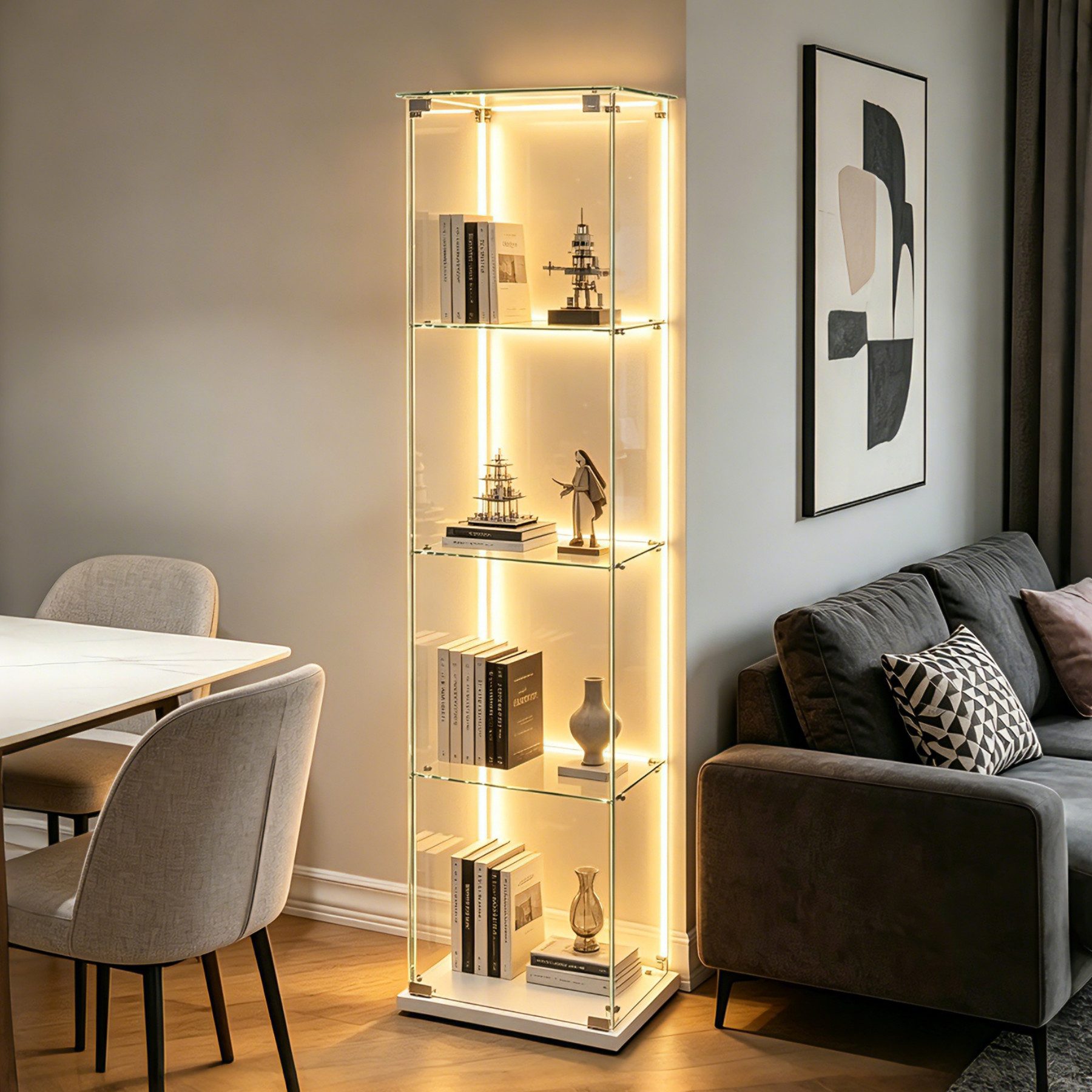 Simurq Glasvitrine Standvitrine mit Glastüren, Vitrine Glas mit LED, Vitrinenschrank (Eckglasanzeigeschrank, Sammlervitrine,Rahmenloses Design) Eckglasanzeigeschrank, Sammlervitrine, Rahmenloses Design