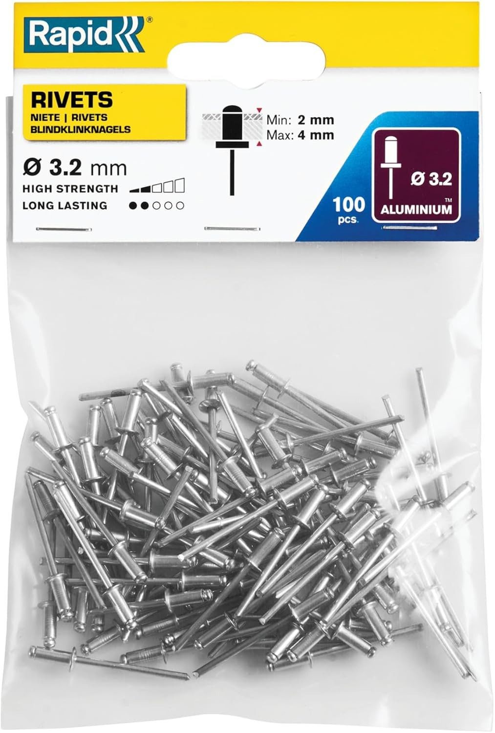 Rapid Niete Blindnieten Aluminium 3,2 mm 2-4 mm 100 Stück Popnieten Niettechnik, Nieten Hohlnieten Blindniet Befestigung Niete Standard Ø 2mm 4mm