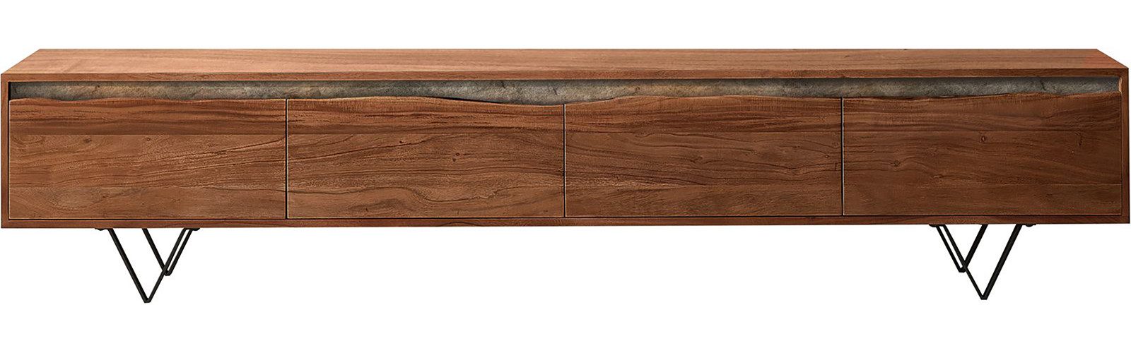 DELIFE Lowboard Stonegrace, Akazie Braun Baumkante 220 cm 4 Türen V-Fuß Schwarz Lowboard