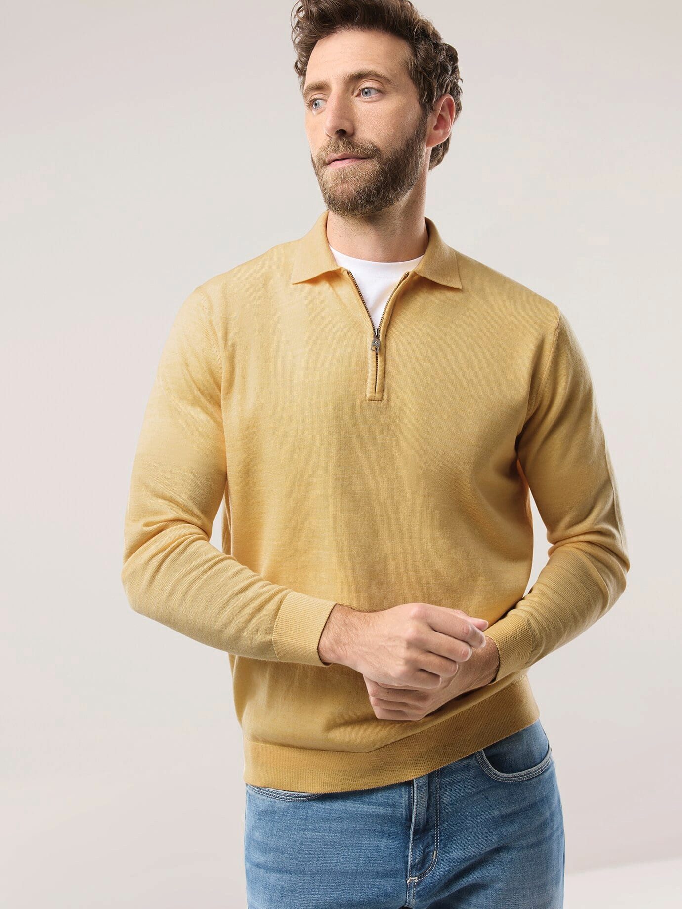 Walbusch Strickpullover Herren Polo Pullover Merino Extrafein Flachstrickkragen, pflegeleicht