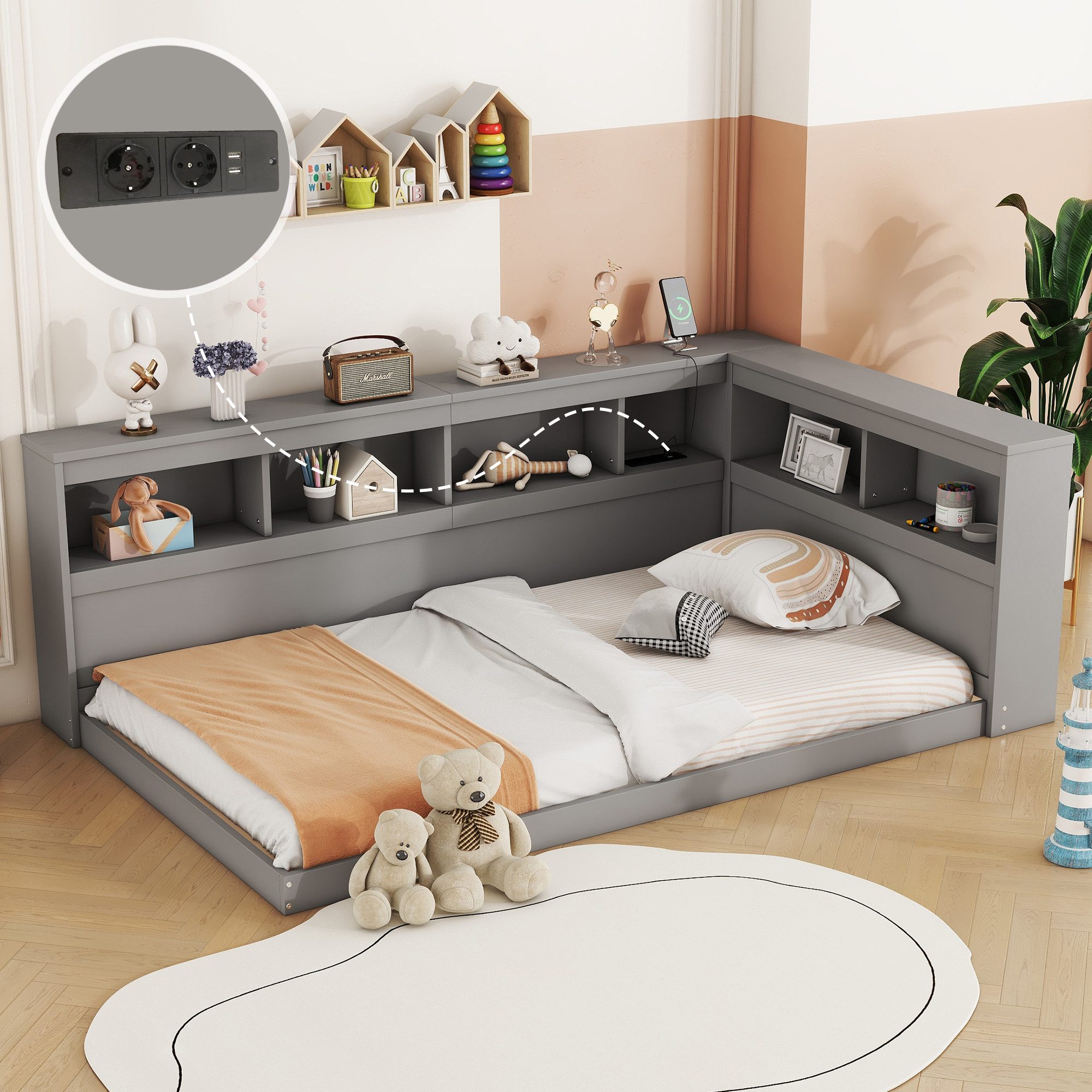 Flieks Kinderbett, Kinderbett Einzelbett 90x200cm mit Ablagefächer und Ladefunktion