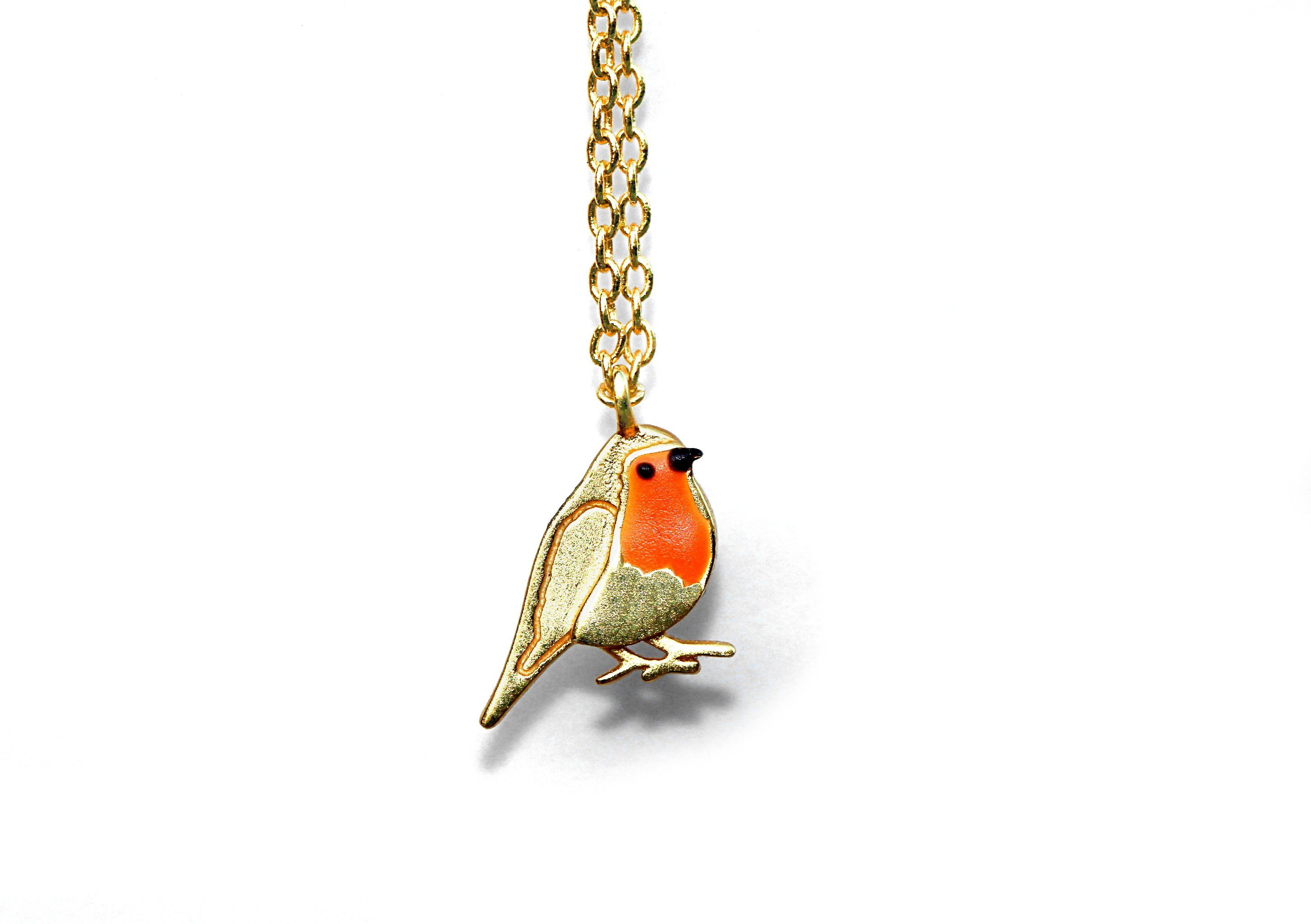 Silberkette Rotkehlchen Kette. Emaille Echtsilber Vergoldet