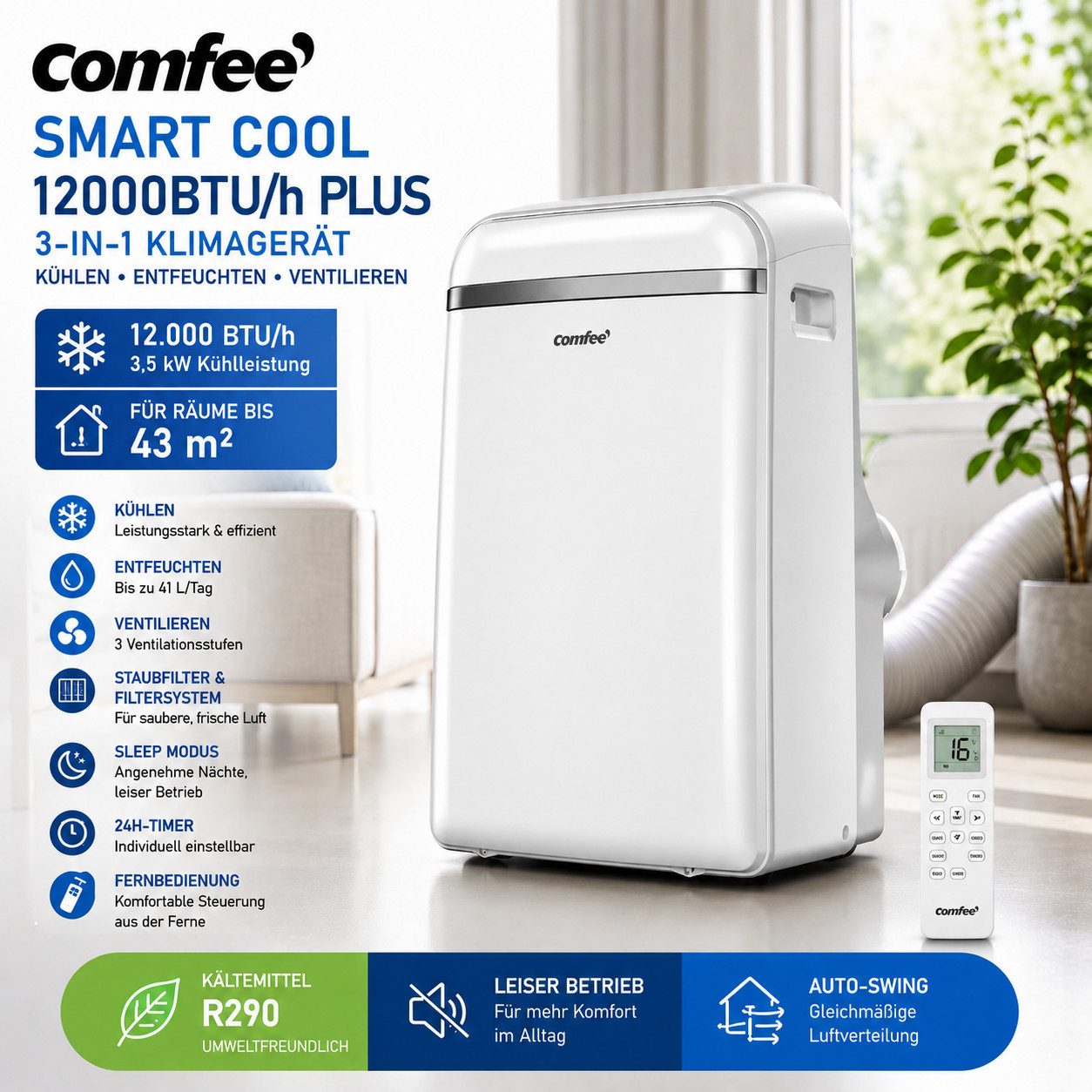 comfee 3-in-1-Klimagerät Klimagerät Smart Cool 12000BTU/h Plus Kühlen Entfeuchten Ventilieren, Mit Staubfilter und Filtersystem & für Räume bis 43 m²/ 3,5kW