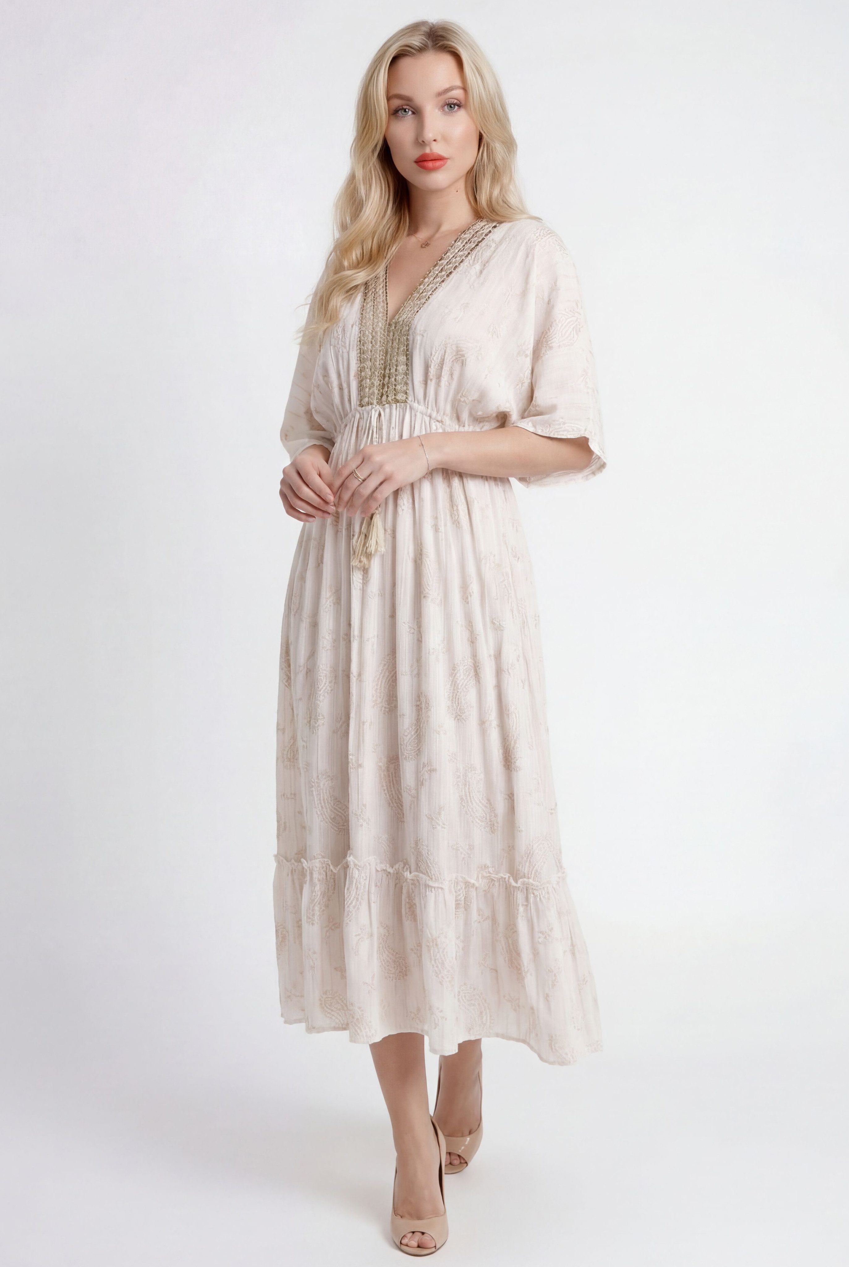 YC Fashion & Style Maxikleid Boho-Sommerkleid mit goldfarbenem Paisley-Print One Size 34-40 aus Visksose