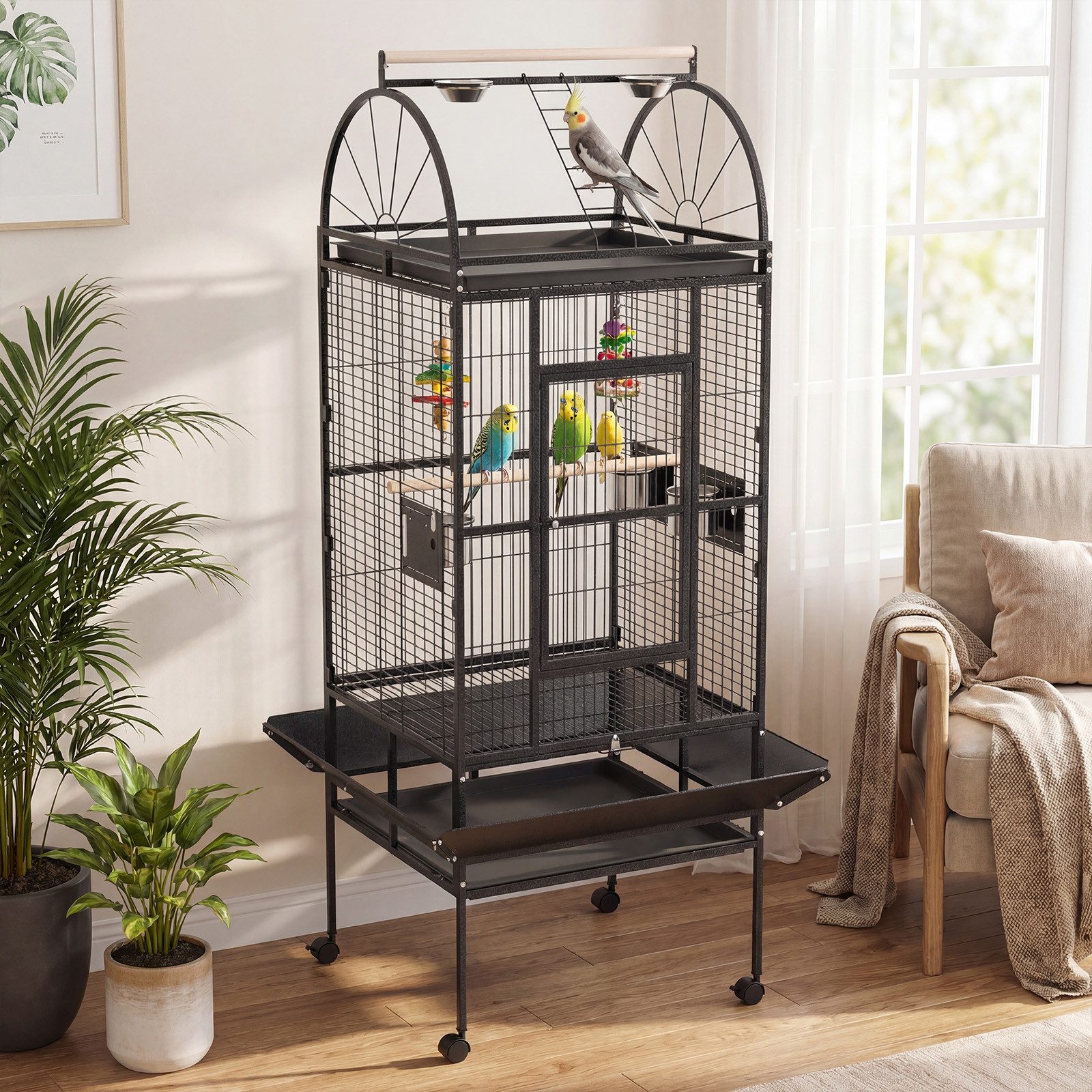 Hausright Vogelkäfig 176cm Großer Vogelkäfig mit Rollen, 5 Futternäpfen & 2 Sitzstangen, 2cm Gitterabstand,Kletterbereich mit Leiter,Bodenschalen, Bremsrollen