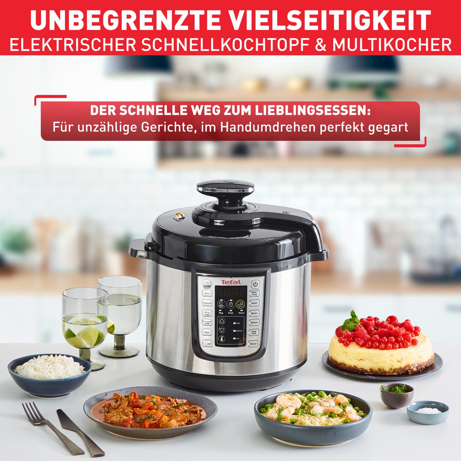 Tefal Multikocher Fast & Delicious inkl. Reislöffel, Untersetzer, Messbecher & Rezepten, 1200 W, 6 l Schüssel, Schnellkochtopf/ Heißluftfritteuse, 25 automatische Programme, CY505E