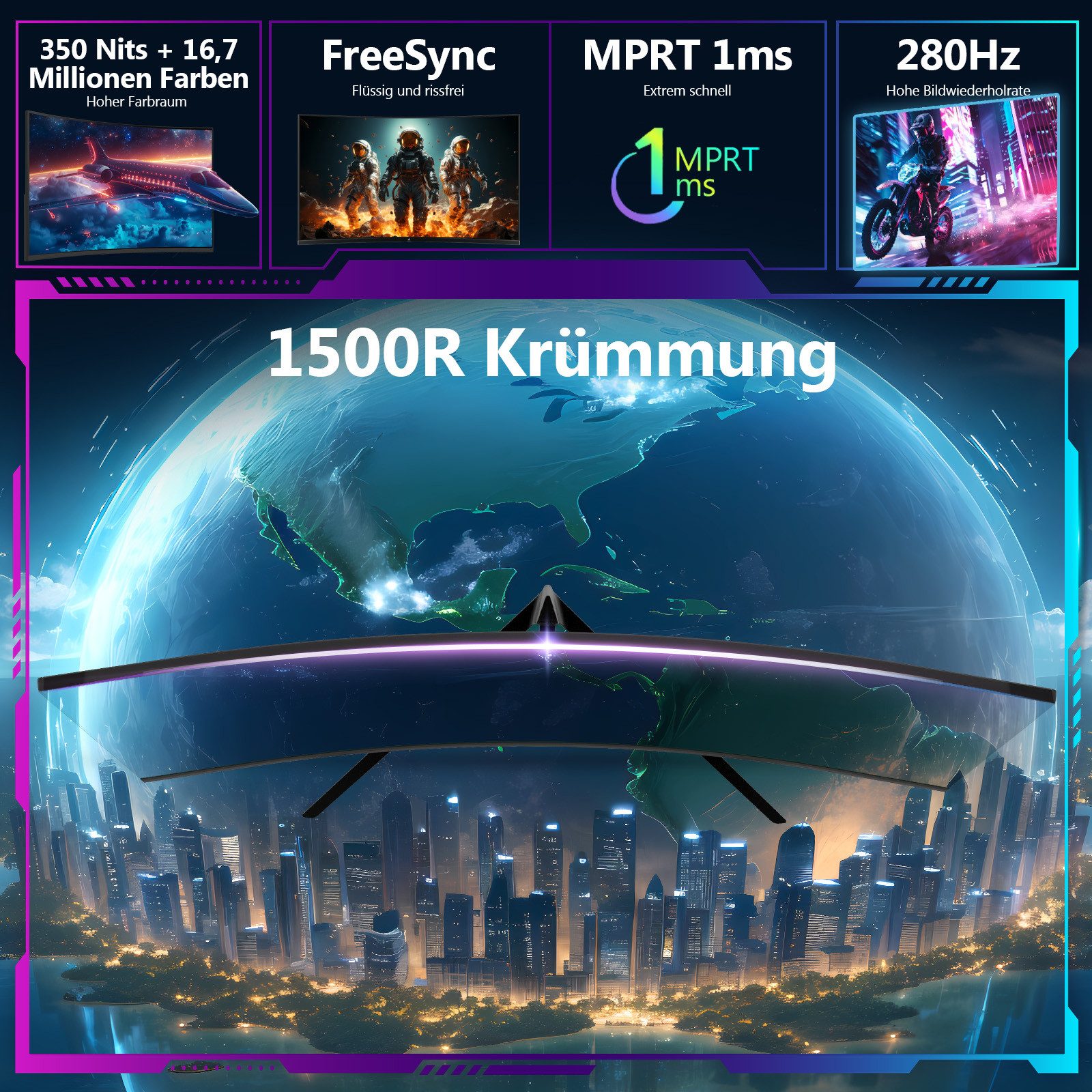 Z-EDGE 27 Zoll FHD LED 280Hz 1ms MPRT 16:9 Curved Gaming LED-Monitor (1920x1080 px, 1 ms Reaktionszeit, 280 Hz, LCD)