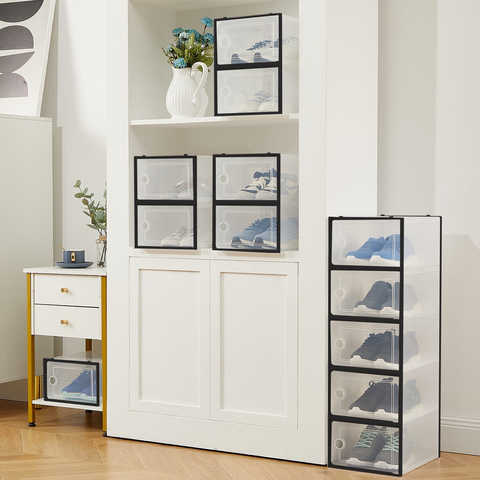 GarveeMore Aufbewahrungsbox faltbar, transparent, für Schuhe, Spielzeug, Bücher, Kosmetik (Spar-Set, 12 St), 34x24x15 cm, braun/schwarz/grau
