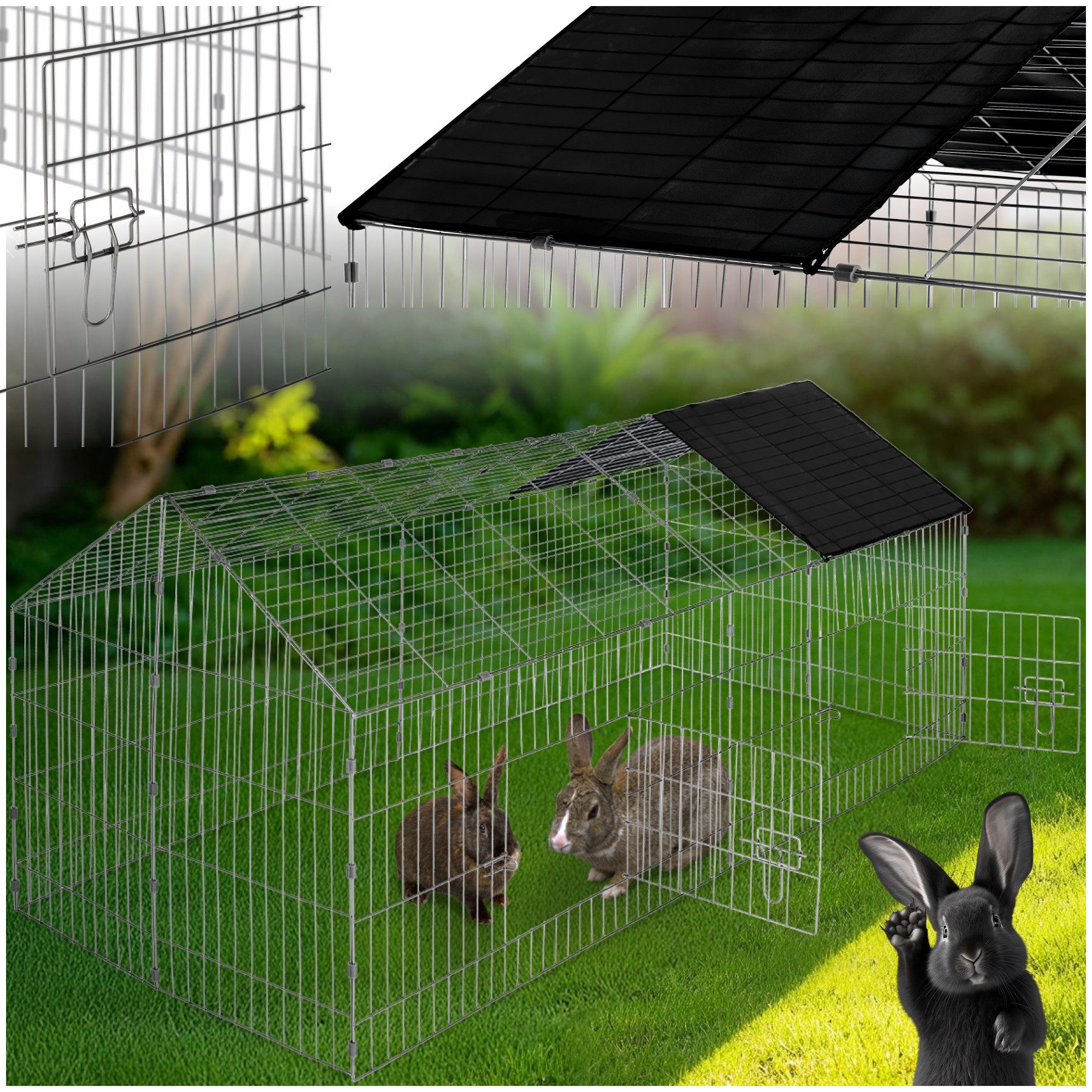 tectake Freigehege Tierauslauf, 180 x 75 x 75 cm, aus 12 Gitterelementen, 2 Türen, Mit Sonnenschutz, schnell und variabel aufstellbar sowie erweiterbar