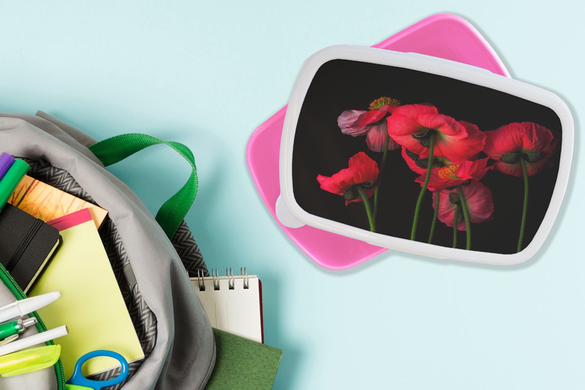 isländischen Die Brotbox Hintergrund, Lunchbox Kunststoff, rosa schwarzem Mädchen, MuchoWow auf Kunststoff Kinder, Mohnblumen für Erwachsene, (2-tlg), Snackbox, Brotdose