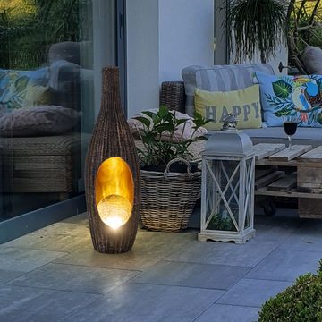 etc-shop Gartenleuchte, LED-Leuchtmittel fest verbaut, Warmweiß, Solarleuchte Rattan-Optik goldfarben mit Glaskugel