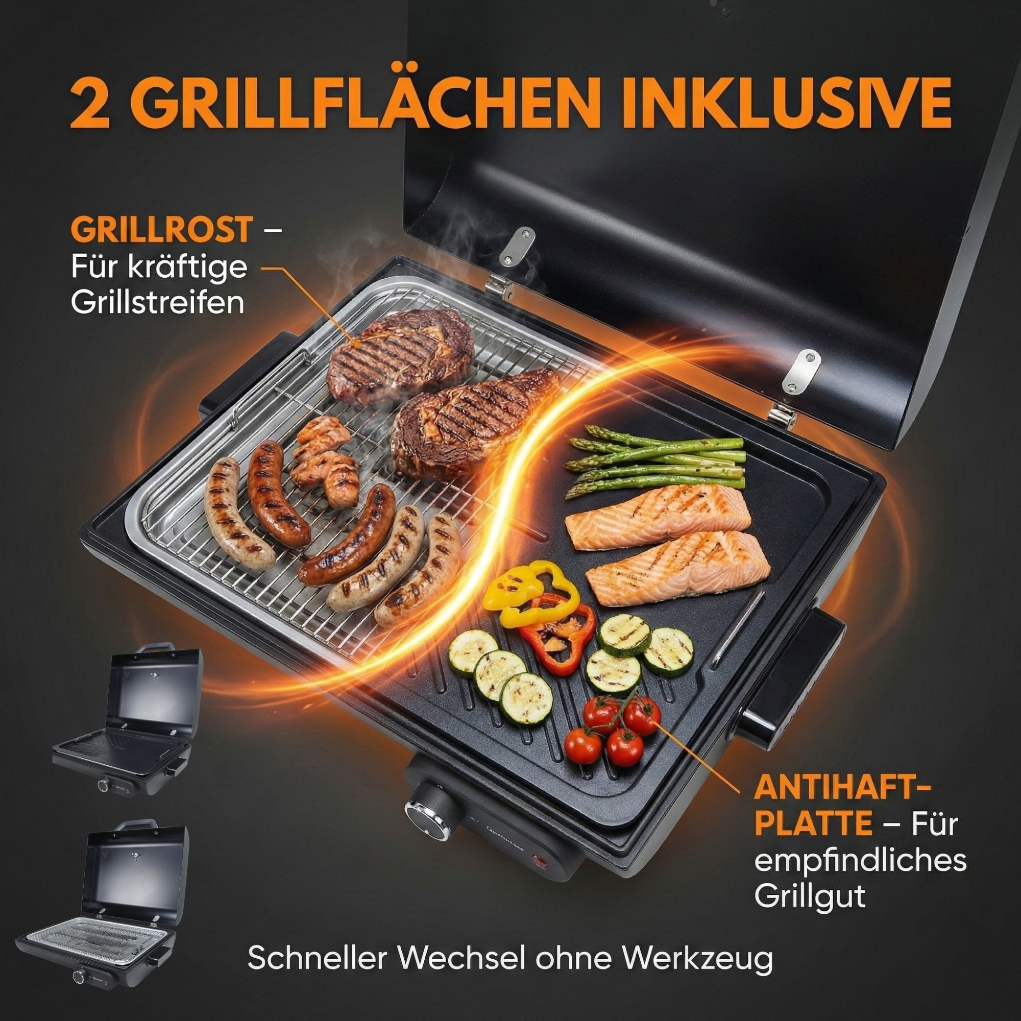 Sommertal Elektrogrill Sommertal BBQ928 2in1 Elektrogrill mit Deckel, Tisch- & Standgrill, 2180 W, Antihaft-Grillplatte + Grillrost, Fettauffangwanne, Thermostat, 2180W