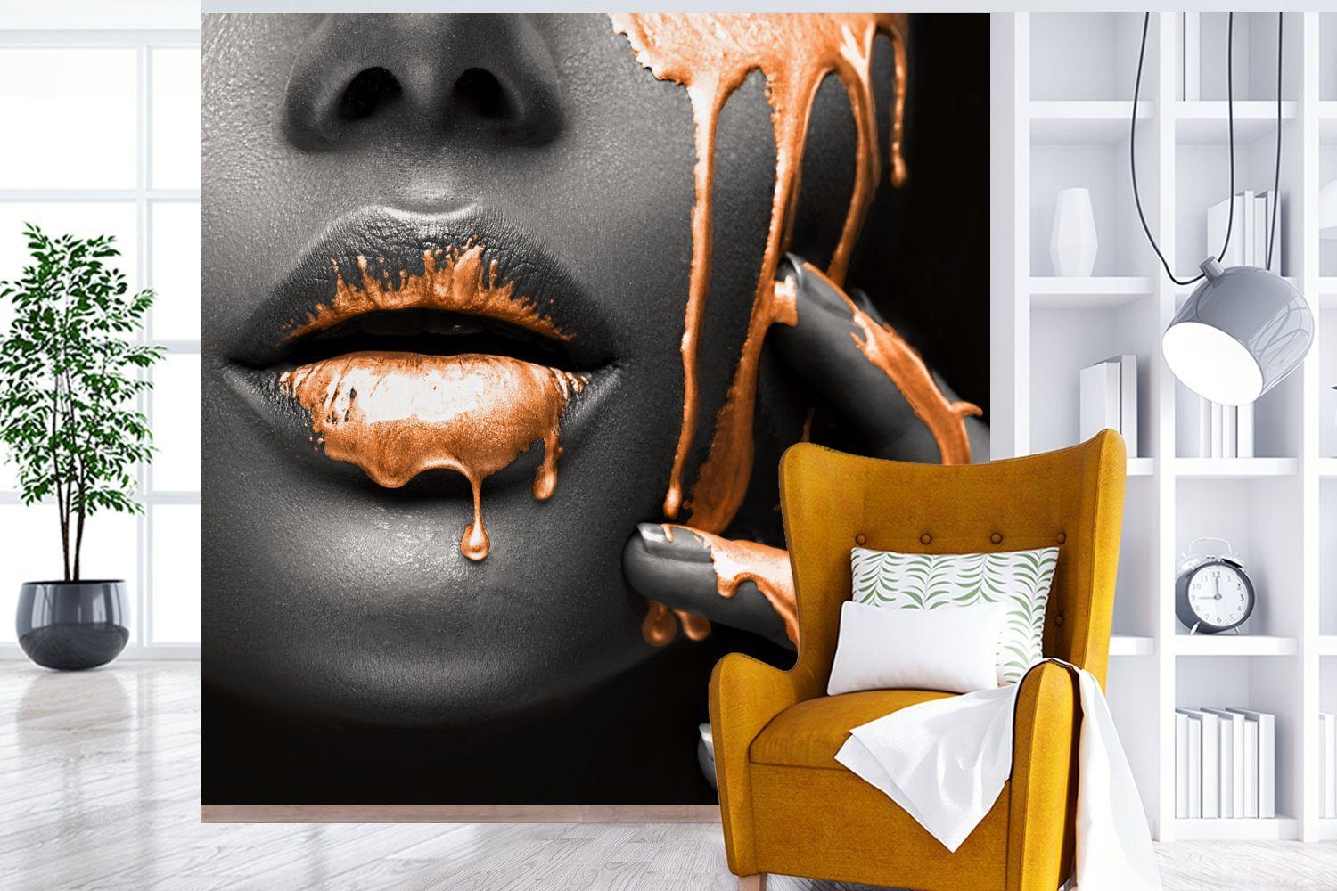 - bedruckt, Schwarz, (5 St), - MuchoWow Fototapete Wandtapete für Orange oder Matt, Schlafzimmer, Wohnzimmer Tapete Vinyl Lippen