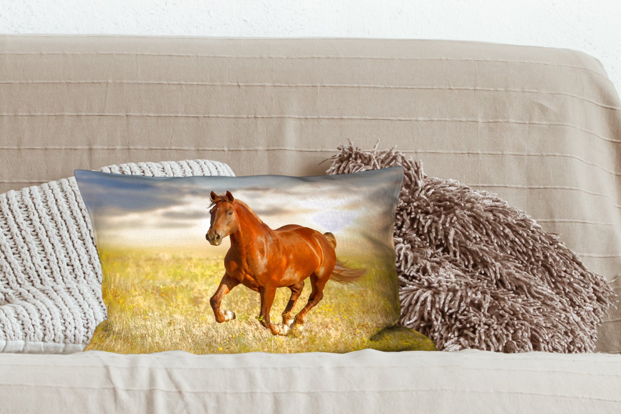 Schlafzimmer Sonne MuchoWow Dekoration, Pferd - Zierkissen, Wohzimmer mit Dekokissen - Füllung, Tier, Gras Dekokissen -