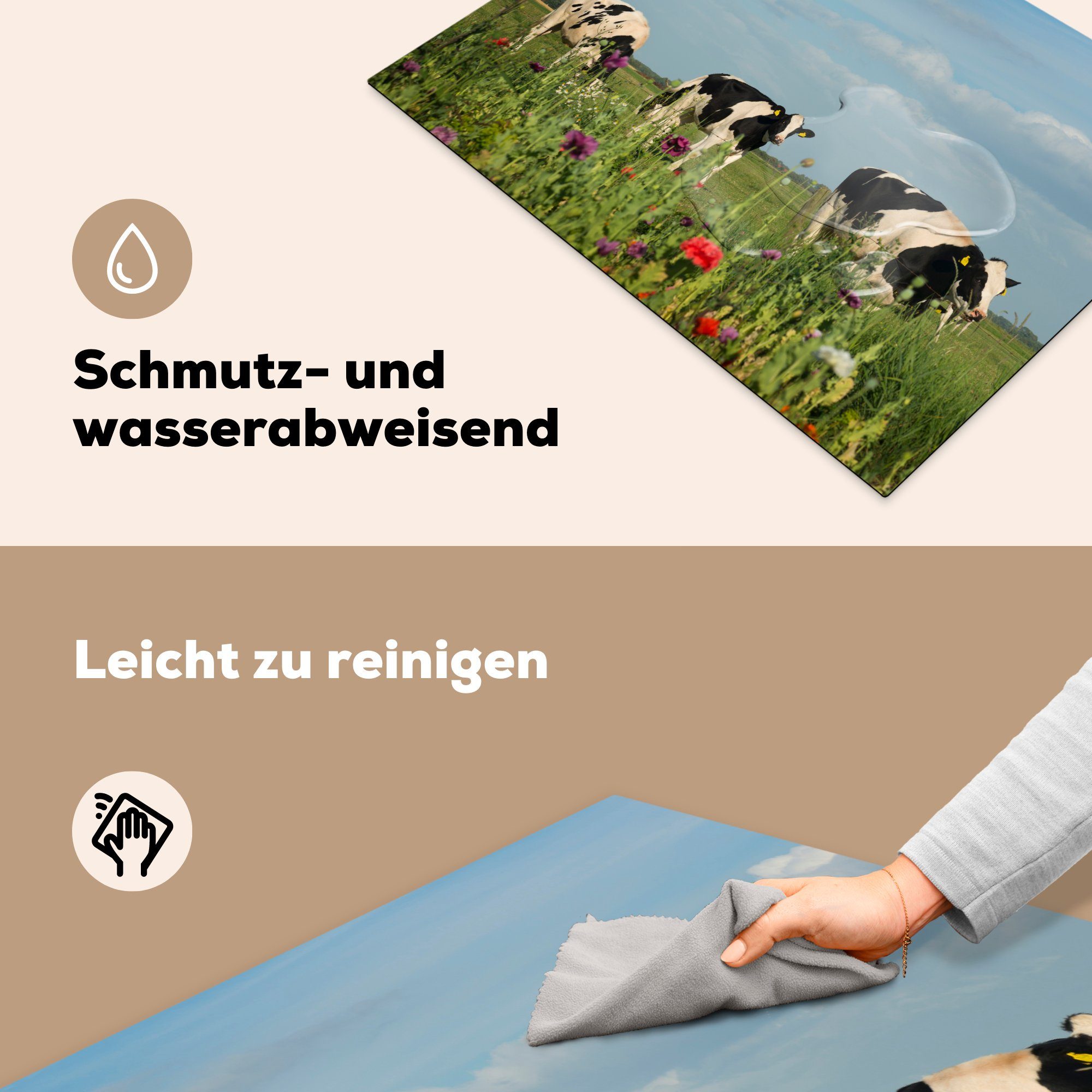 küche, Schutz Ceranfeldabdeckung Induktionskochfeld - - Blumen - Herdblende-/Abdeckplatte Vinyl, 71x52 tlg), MuchoWow cm, die Tiere, (1 Kuh für Gras