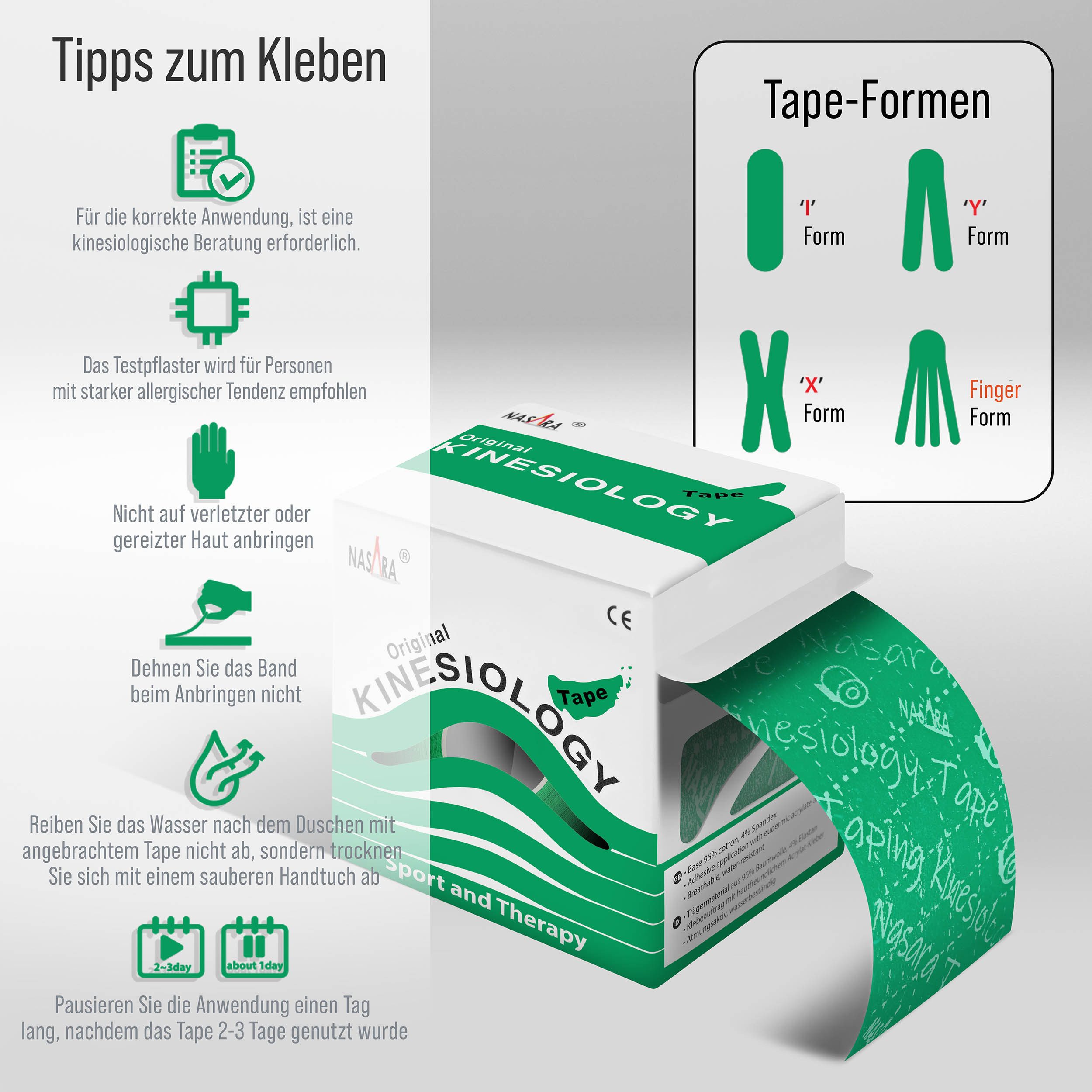 NASARA Kinesiologie-Tape 5m x 5 cm Rolle Sport- und Pysiotape mit langer Haftdauer in Grün 5m x 50 mm