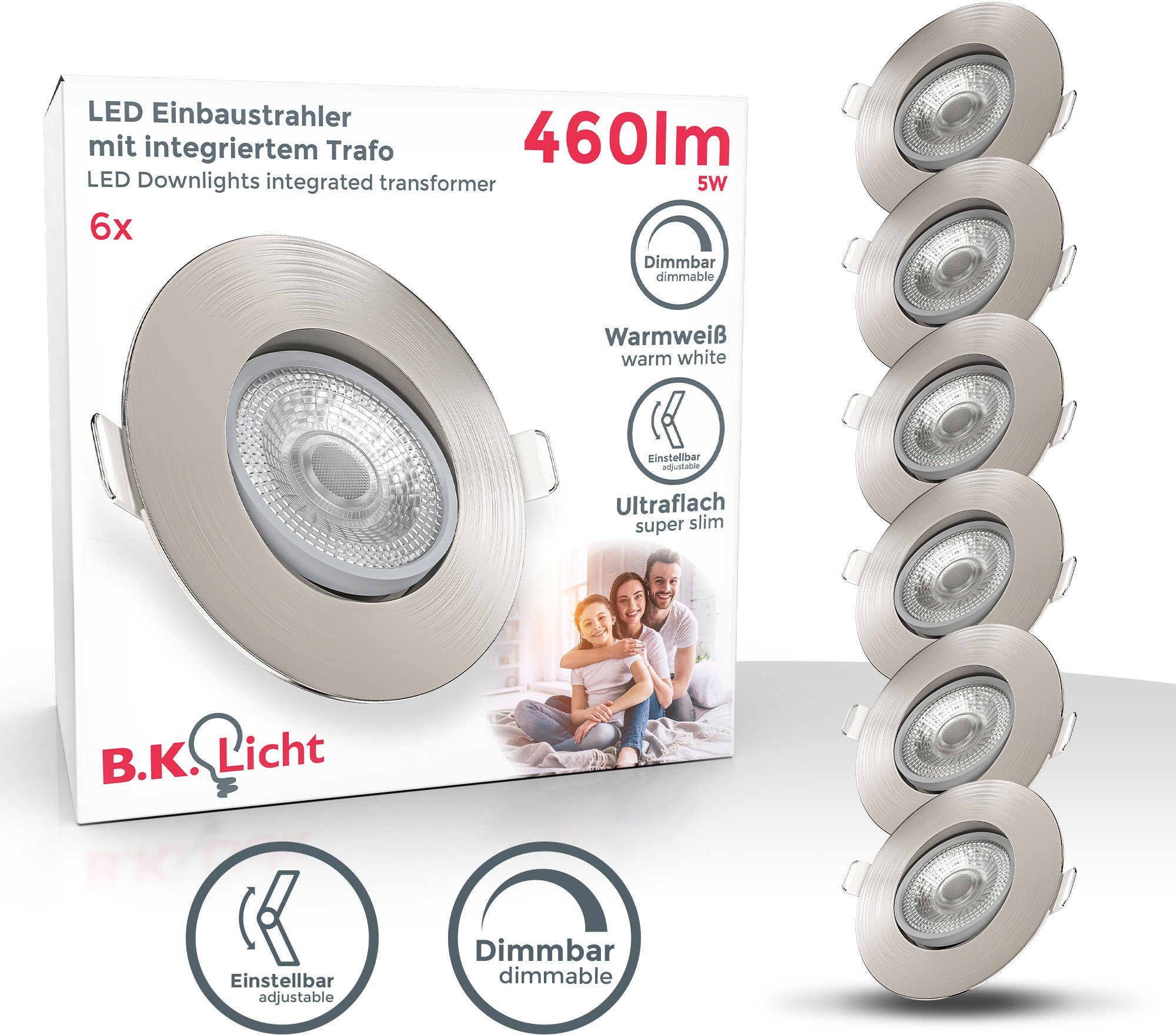 B.K.Licht LED Einbaustrahler, LED 6er fest 5W, dimmbar, Spots, integriert, SET Deckenlampe, schwenkbar, Einbauleuchte, Warmweiß