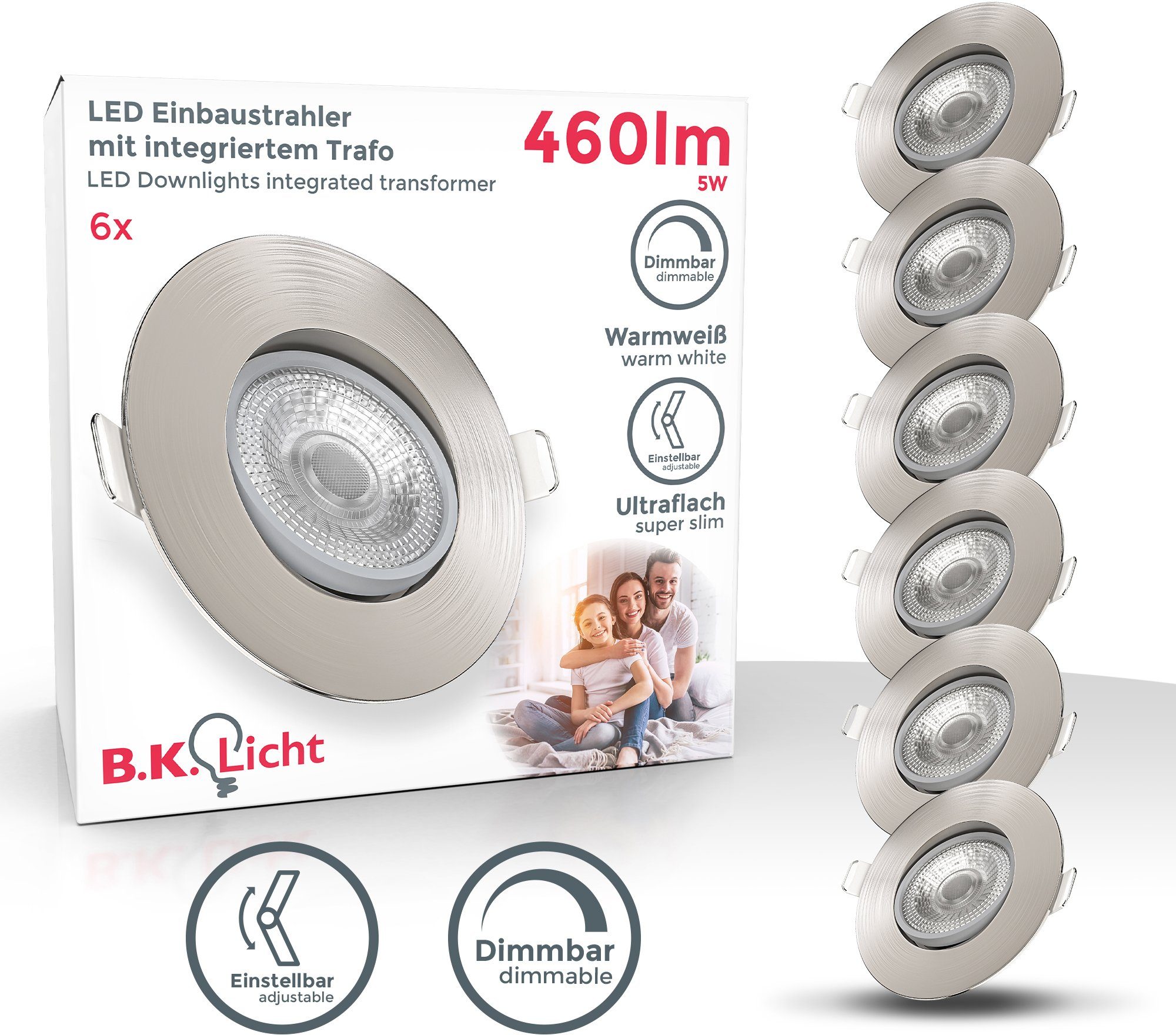 B.K.Licht LED Einbaustrahler, 5W, dimmbar, LED schwenkbar, integriert, Warmweiß, Spots, Deckenlampe, Einbauleuchte, fest 6er SET