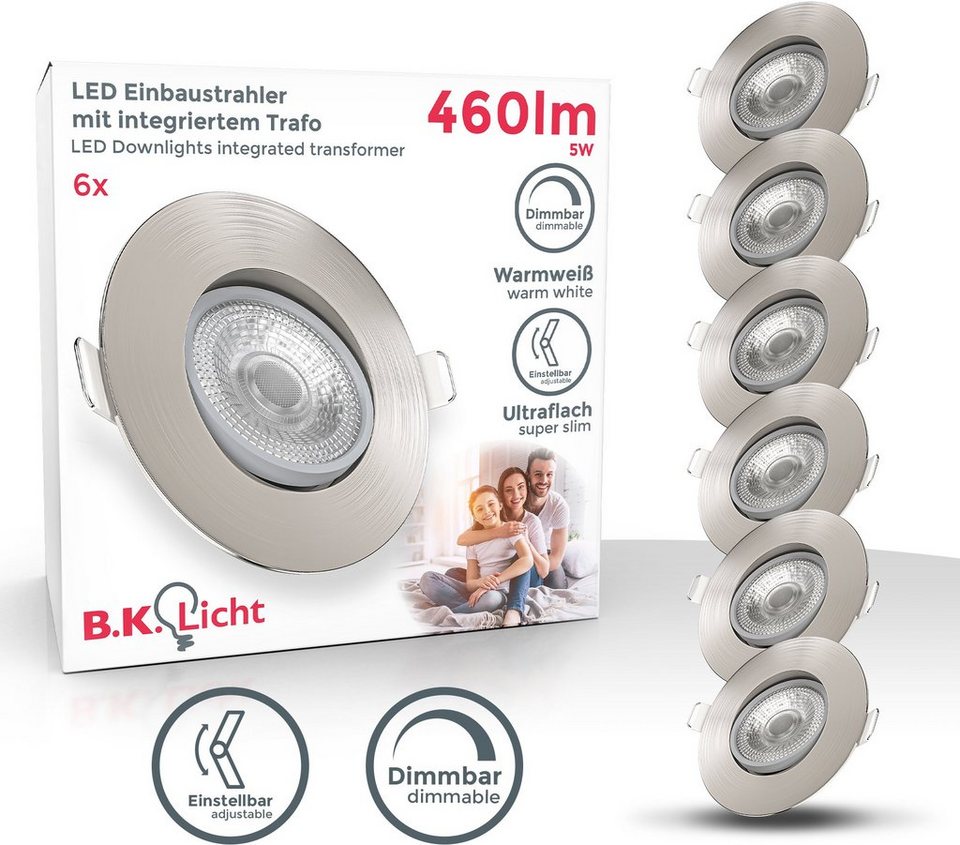 B.K.Licht LED Einbaustrahler, LED fest integriert, Warmweiß, Einbauleuchte,  dimmbar, Deckenlampe, Spots, schwenkbar, 5W, 6er SET