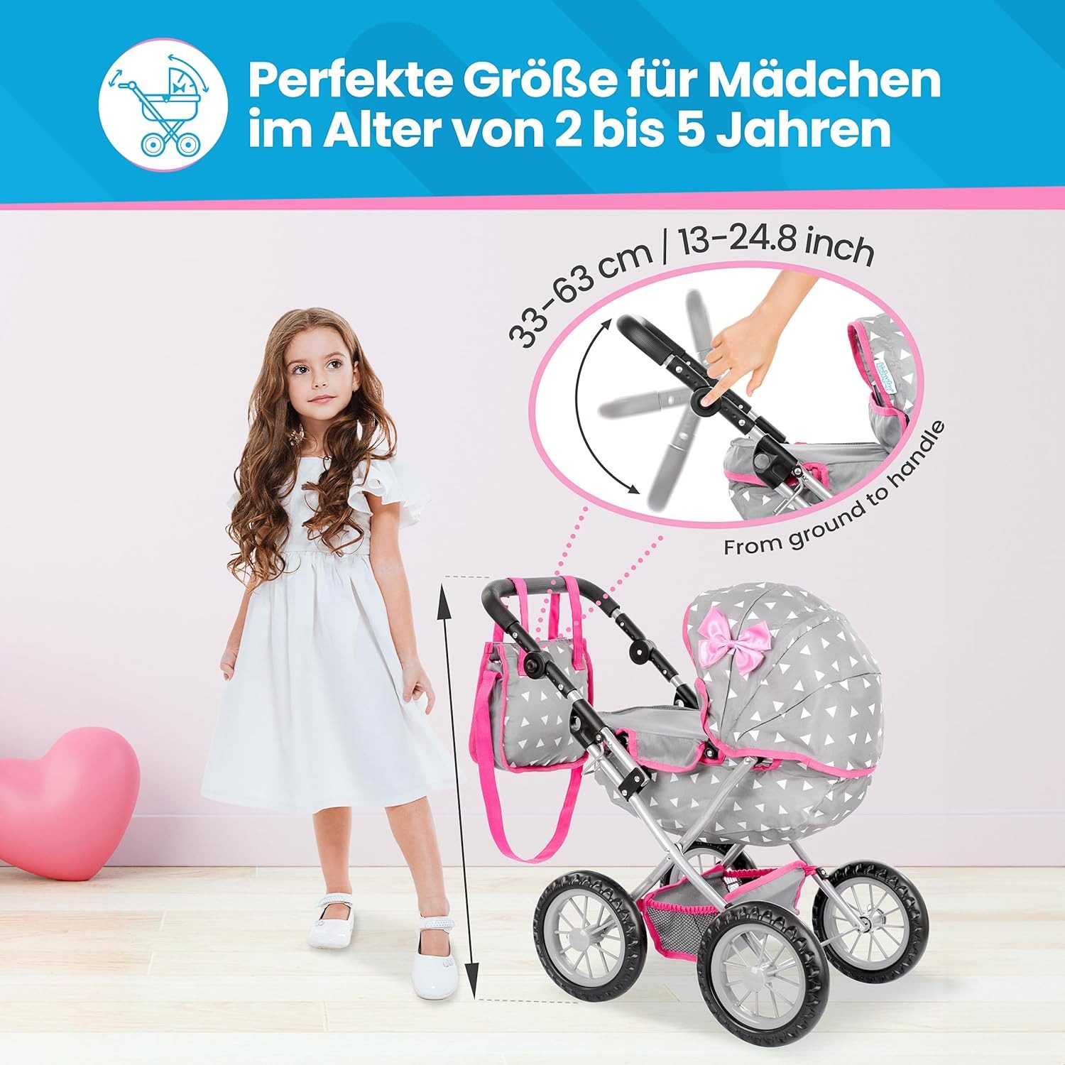 kinderplay Puppenwagen Puppenwagen mit Tasche – höhenverstellbar – Spielspaß ab 3 Jahren – fa