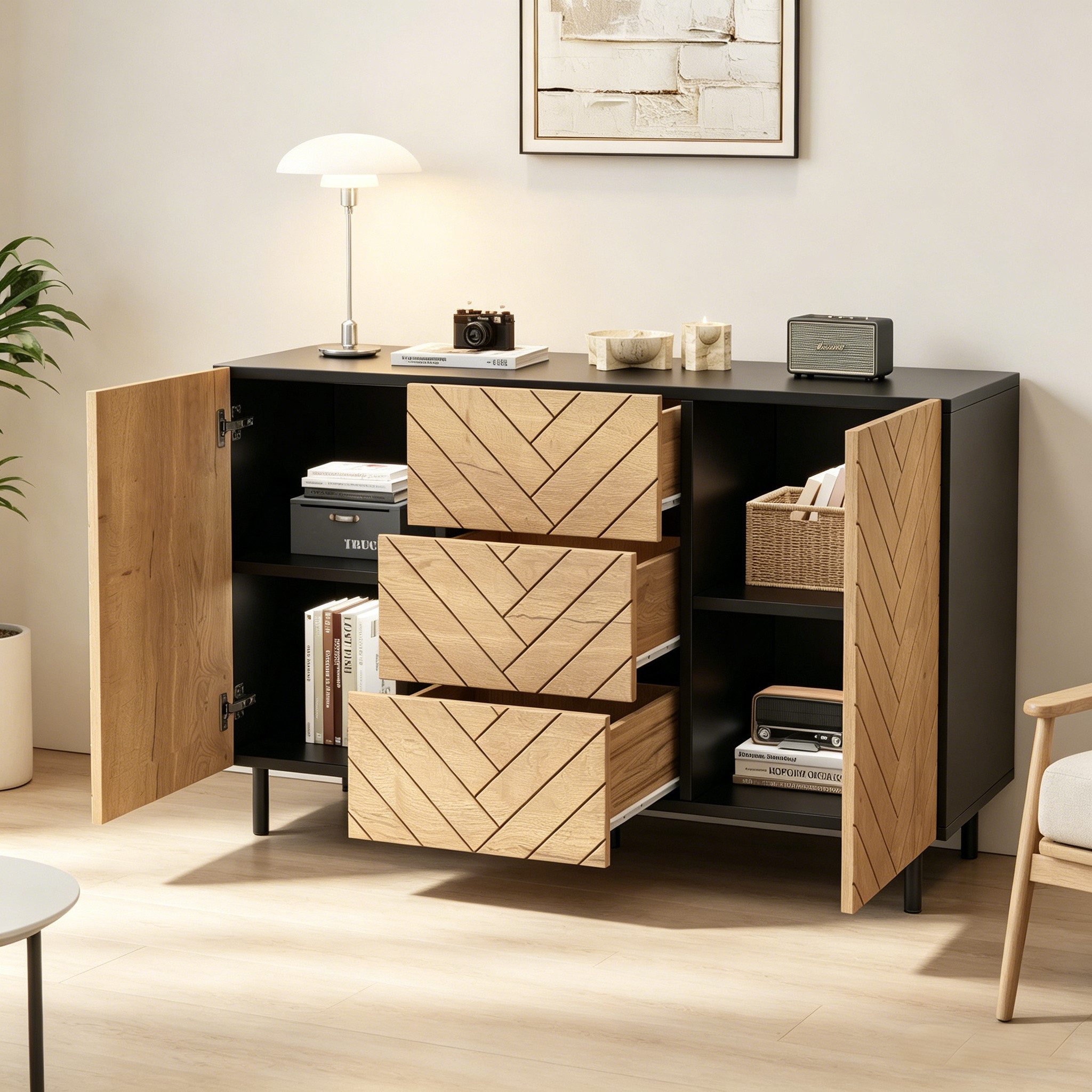 Merax Sideboard im Holzoptik und Schwarz, Aufbewahrungsschrank (1 St), Kommode mit 3 Schubladen, 2 Türen & Stauraum, 120×40×76cm – Bild 2 von 5