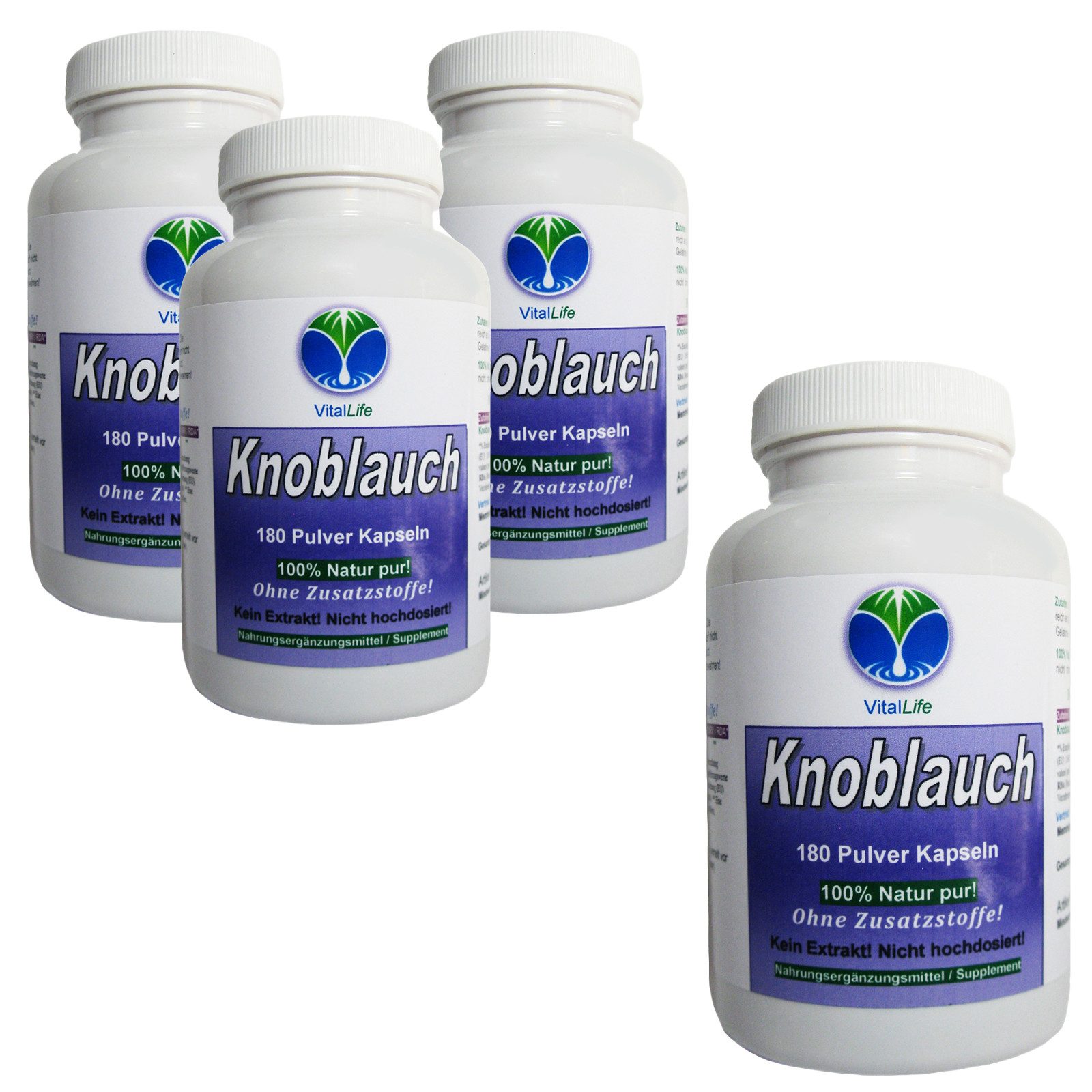VitalLife Knoblauch Natur Pur NICHT hochdosiert KEIN Extrakt OHNE Zusatzstoffe Kapseln, 4 er Dose à 180 St., 410,4 g, Art. 26391-720