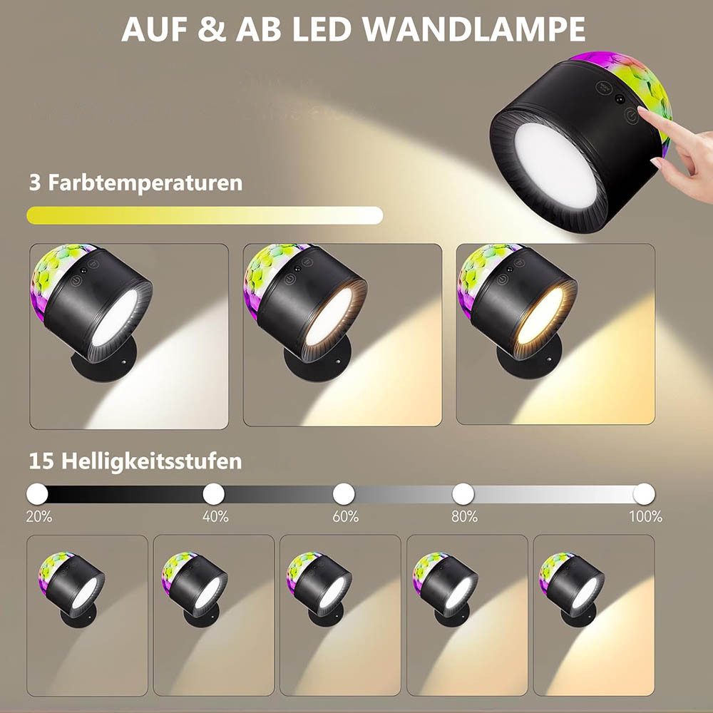 MUPOO Wandleuchte Akku-Wandleuchte RGB Wandlampe Magnet, 360° Drehbare mit Fernbedienung, 2 Head, ohne Leuchtmittel, RGB Partylicht, 3 Farbtemperaturen, USB-C für Schlafzimmer, Party