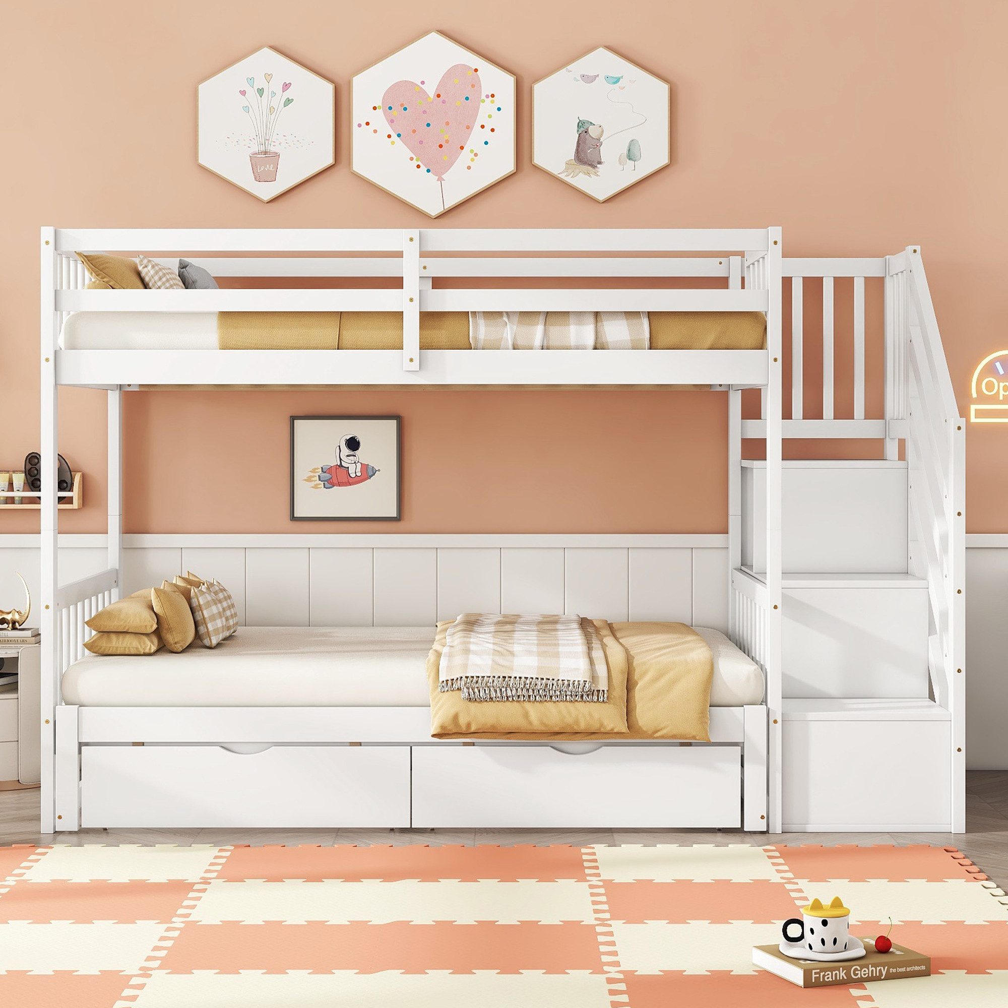 Odikalo Etagenbett Jugendbett Ausziehbett SchritteSchubladen Weiß90x200cm(ohne Matratze)